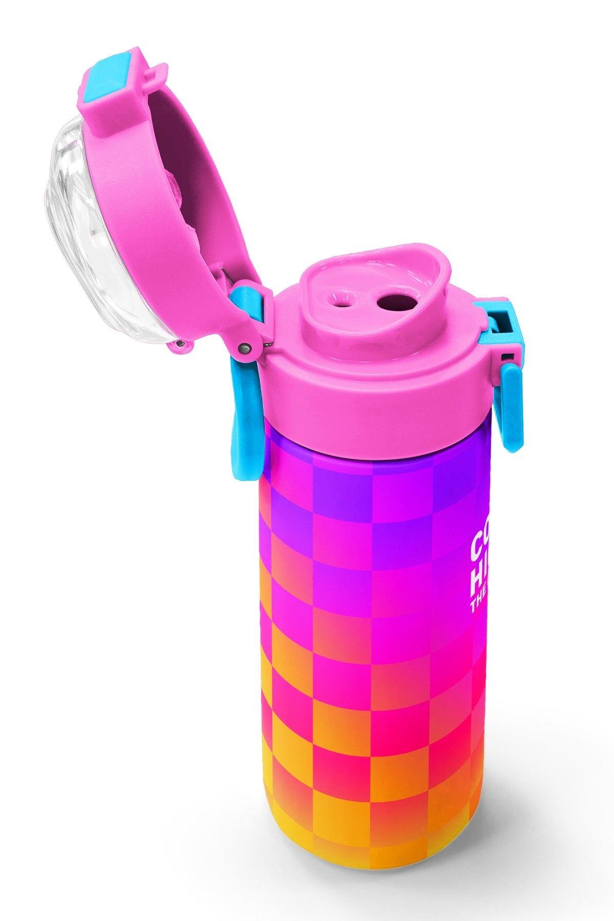 Coral High 500 ml Kız Çocuk Sarı Mor Dama Desenli Çelik Termos Matara - Okul Suluğu