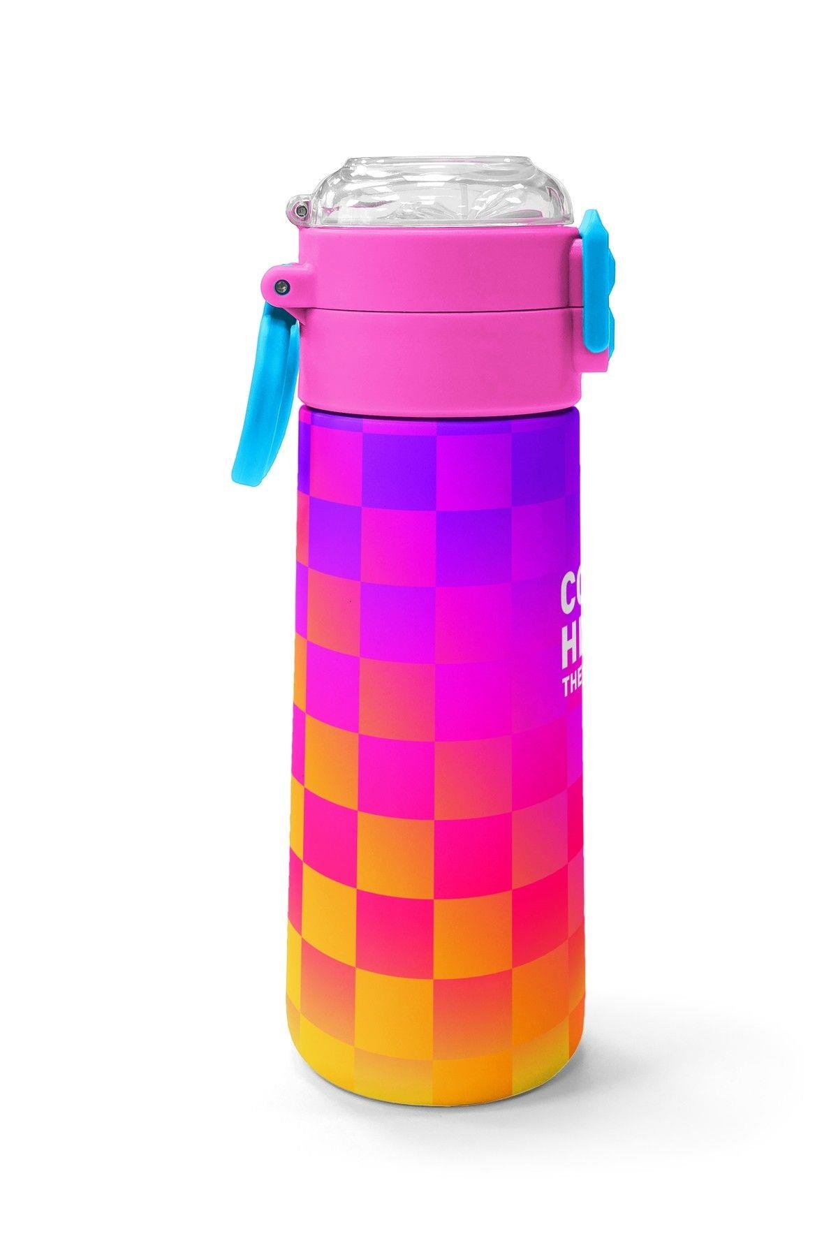 Coral High 500 ml Kız Çocuk Sarı Mor Dama Desenli Çelik Termos Matara - Okul Suluğu