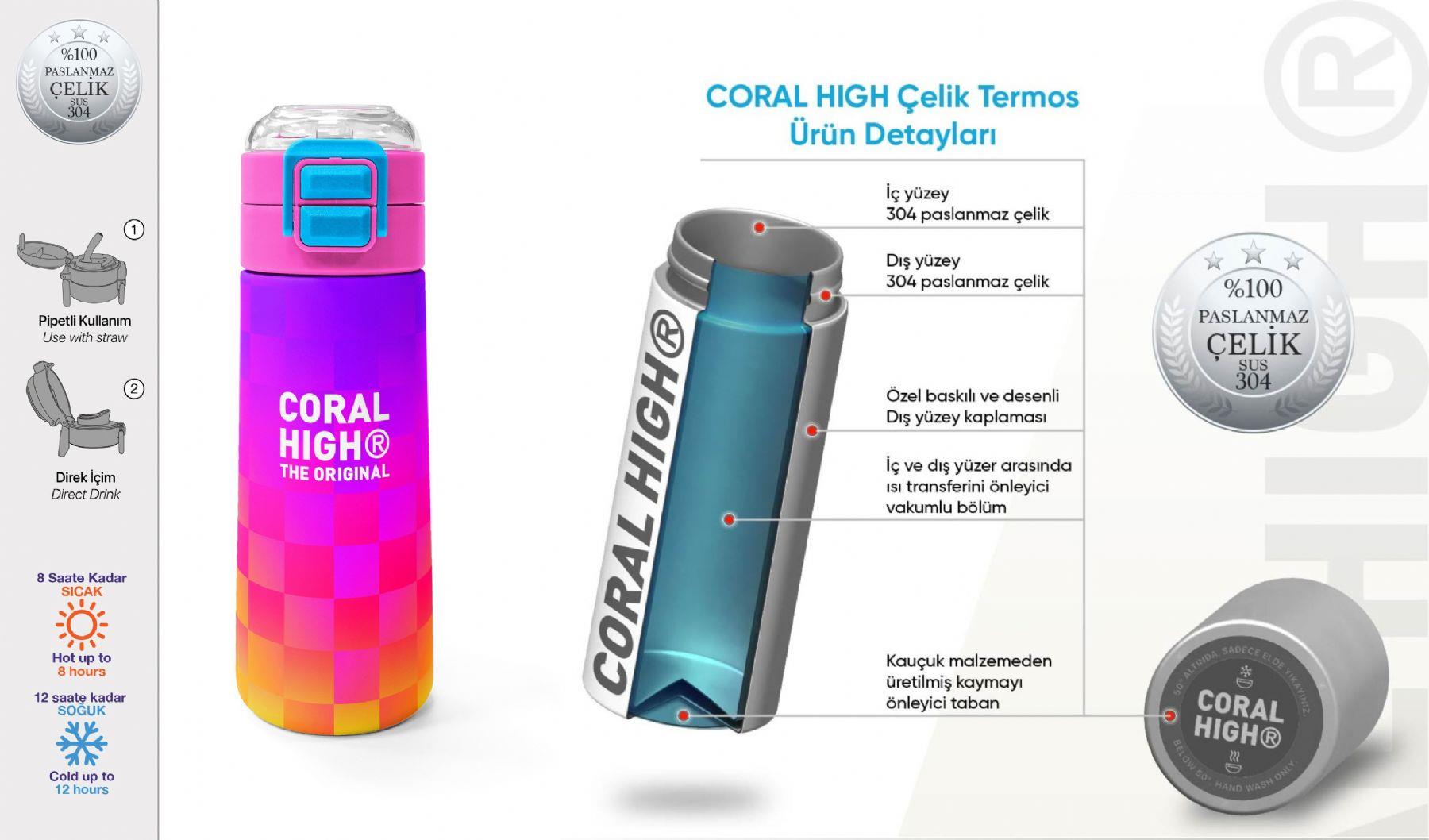 Coral High 500 ml Kız Çocuk Sarı Mor Dama Desenli Çelik Termos Matara - Okul Suluğu