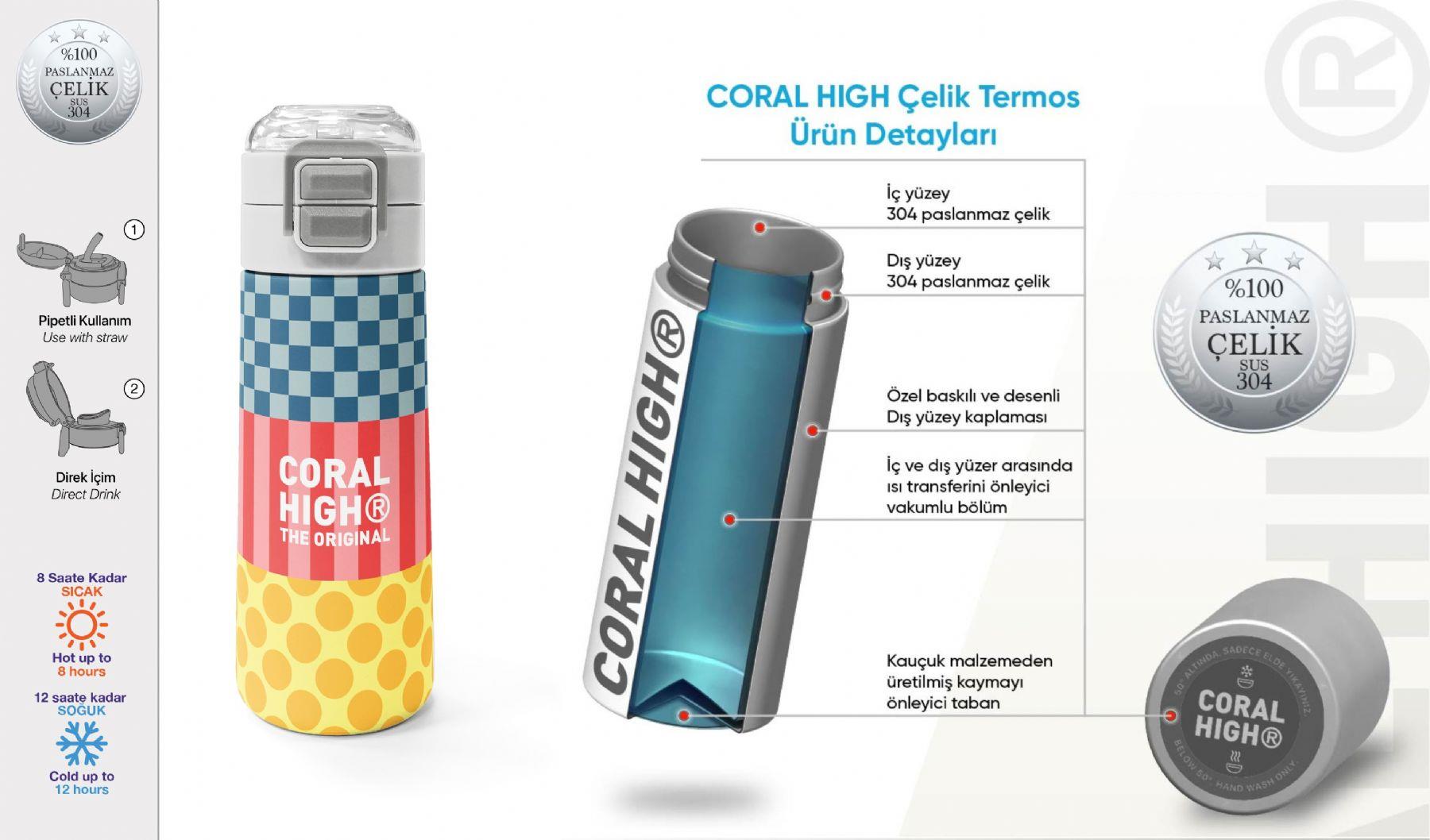 Coral High 500 ml Kız Çocuk Sarı Pembe Yeşil Puantiyeli Çelik Termos Matara - Okul Suluğu