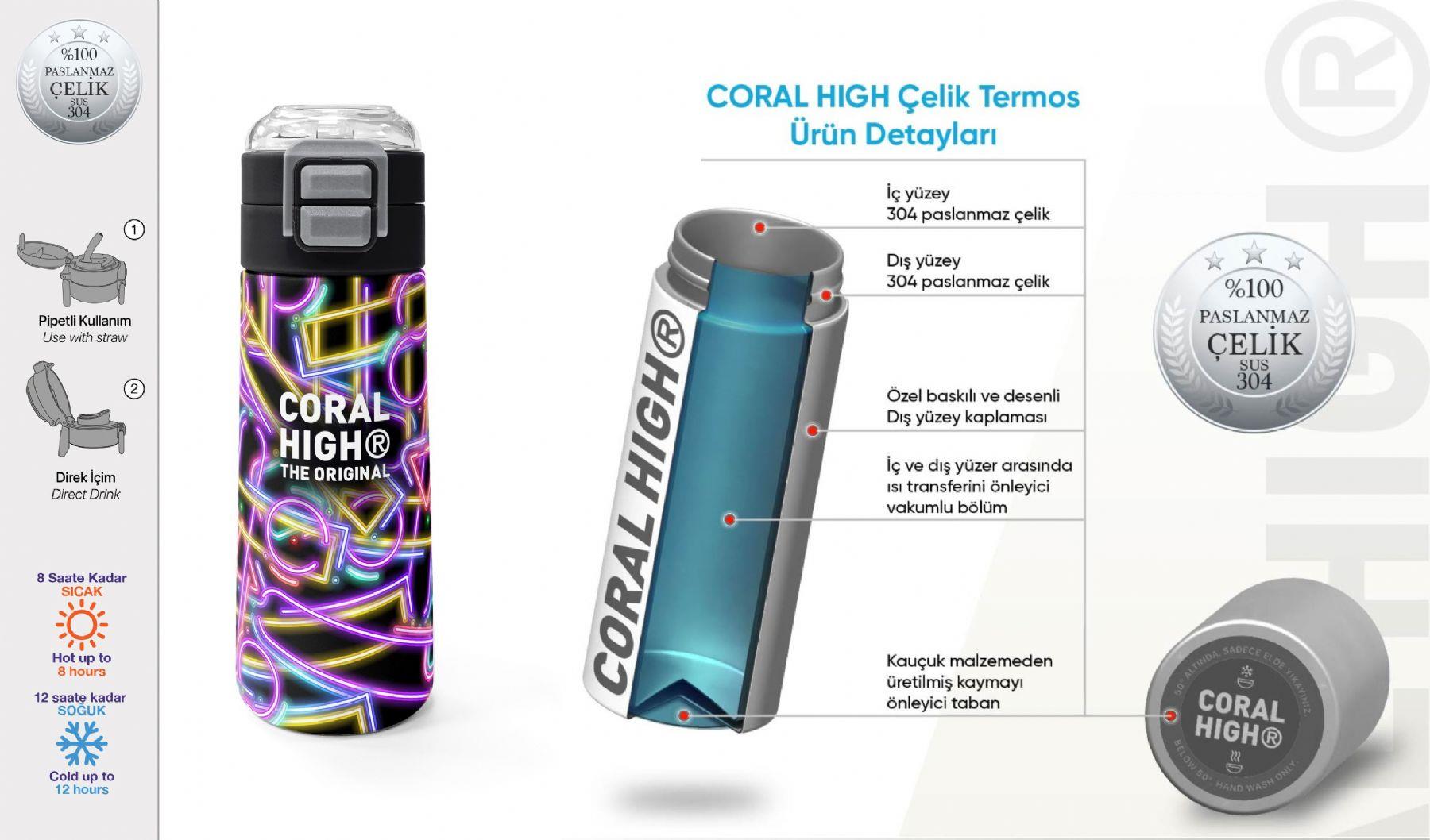 Coral High 500 ml Kız Çocuk Siyah Çok Renkli Neon Desenli Çelik Termos Matara - Okul Suluğu