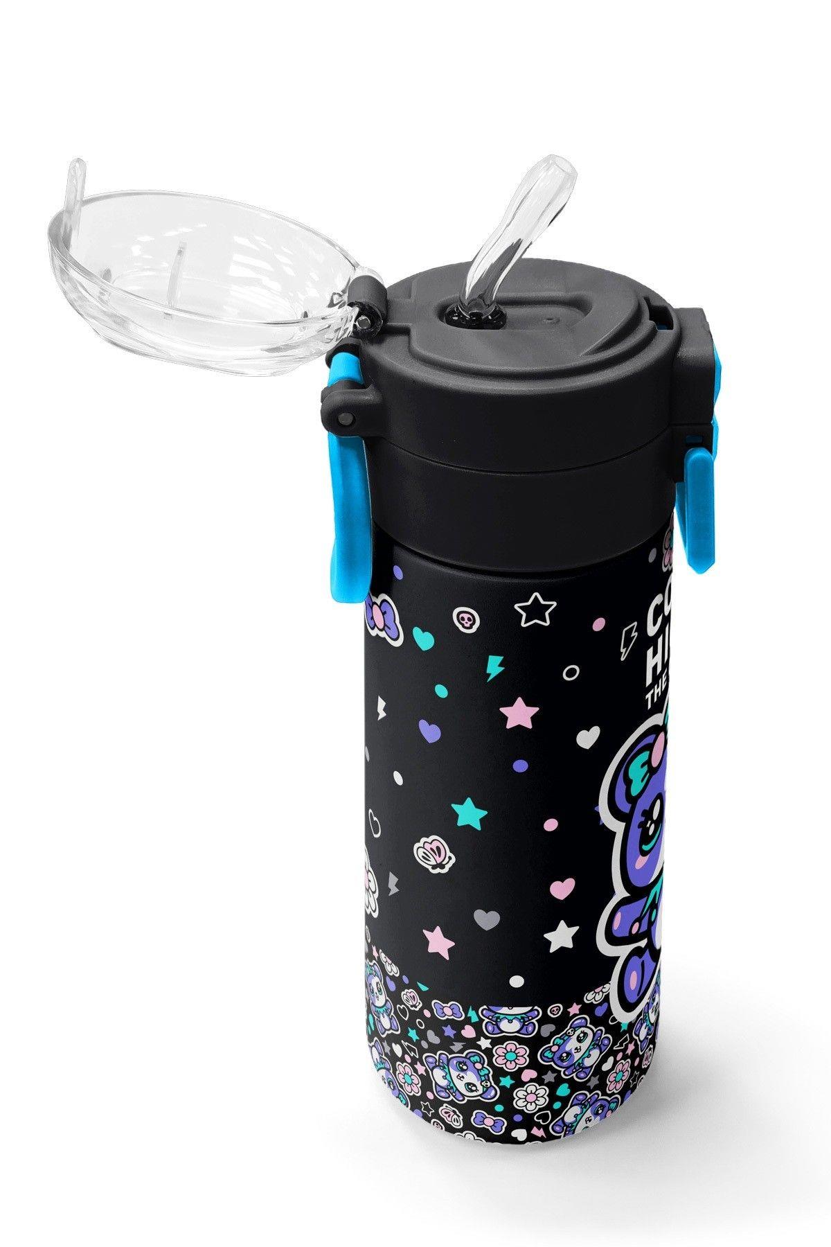 Coral High 500 ml Kız Çocuk Siyah Mor Ayıcık Baskılı Çelik Termos Matara - Okul Suluğu