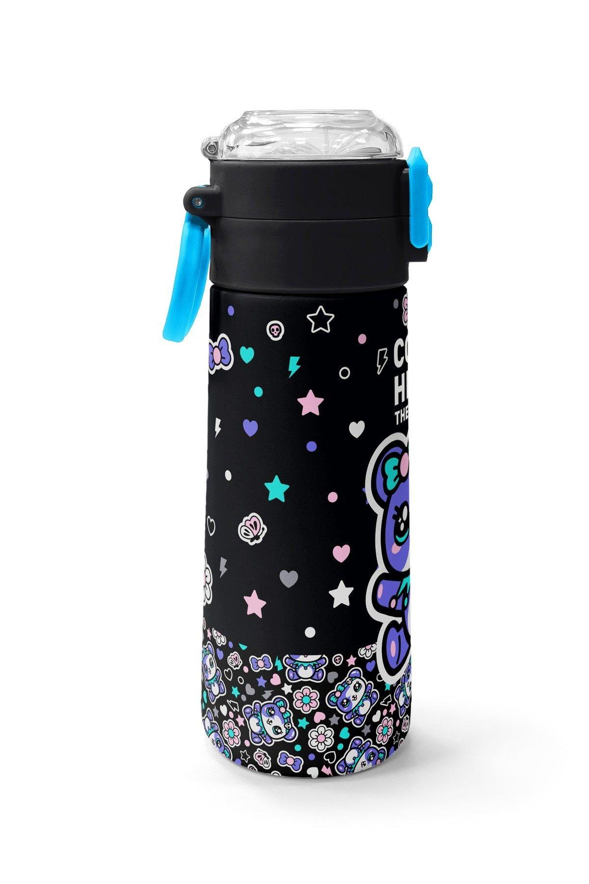 Coral High 500 ml Kız Çocuk Siyah Mor Ayıcık Baskılı Çelik Termos Matara - Okul Suluğu
