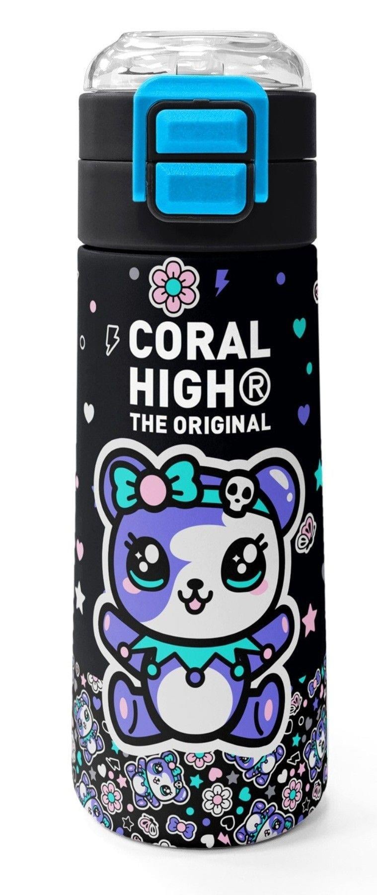 Coral High 500 ml Kız Çocuk Siyah Mor Ayıcık Baskılı Çelik Termos Matara - Okul Suluğu
