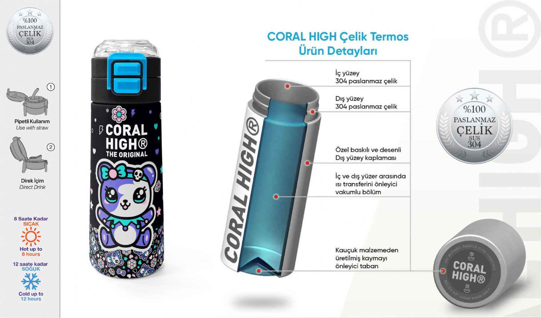 Coral High 500 ml Kız Çocuk Siyah Mor Ayıcık Baskılı Çelik Termos Matara - Okul Suluğu
