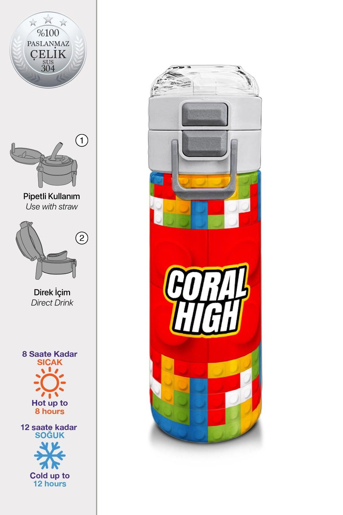 Coral High 500 ml Pipetli ve Direkt İçim Çelik Termos/Matara - Erkek Çocuk -  Blok Desenli 31991