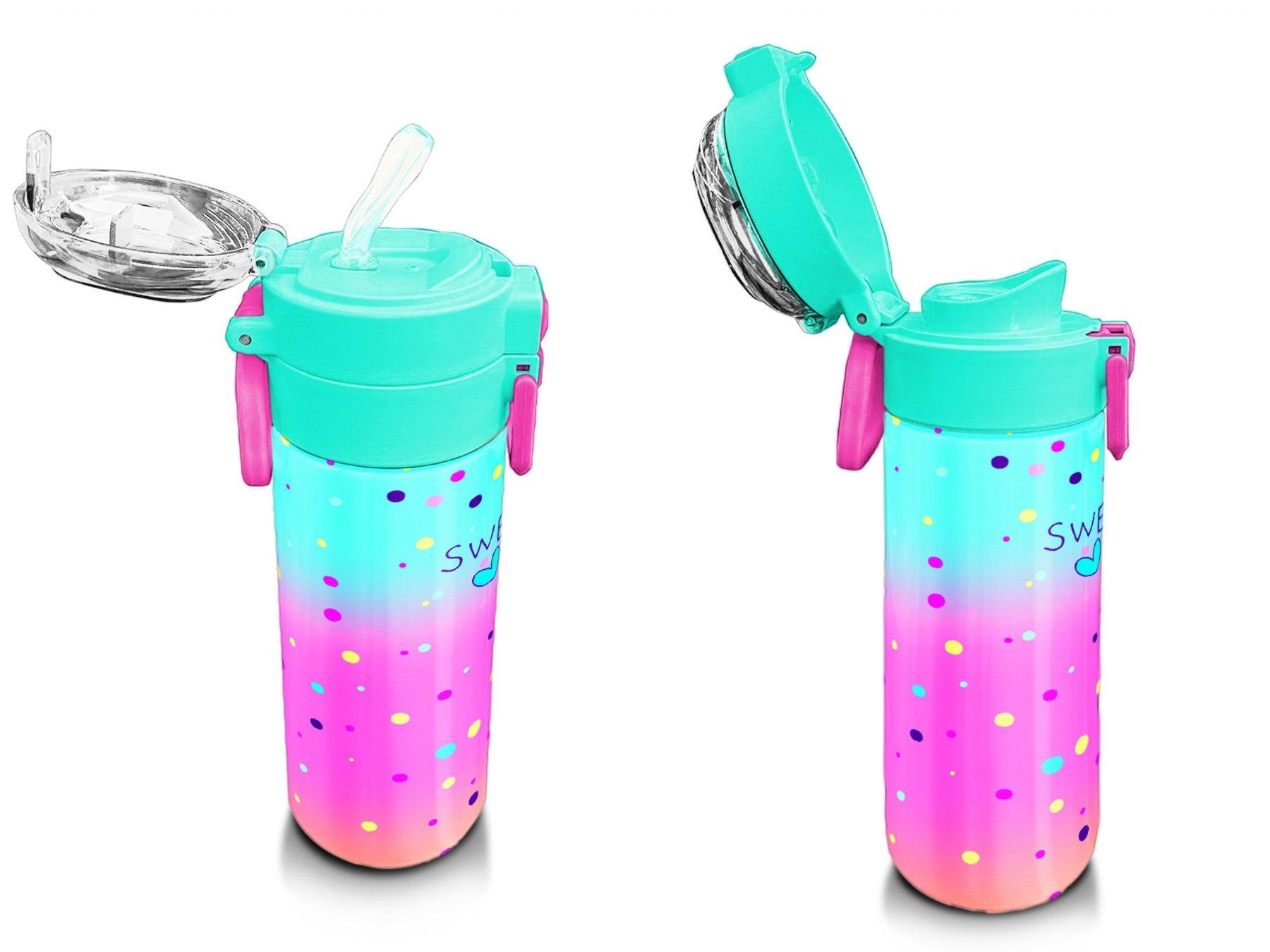 Coral High 500 ml Pipetli ve Direkt İçim Çelik Termos/Matara - Kız Çocuk -  Coral High KidsRenkli Dondurmalı Kedi Desenli 31812