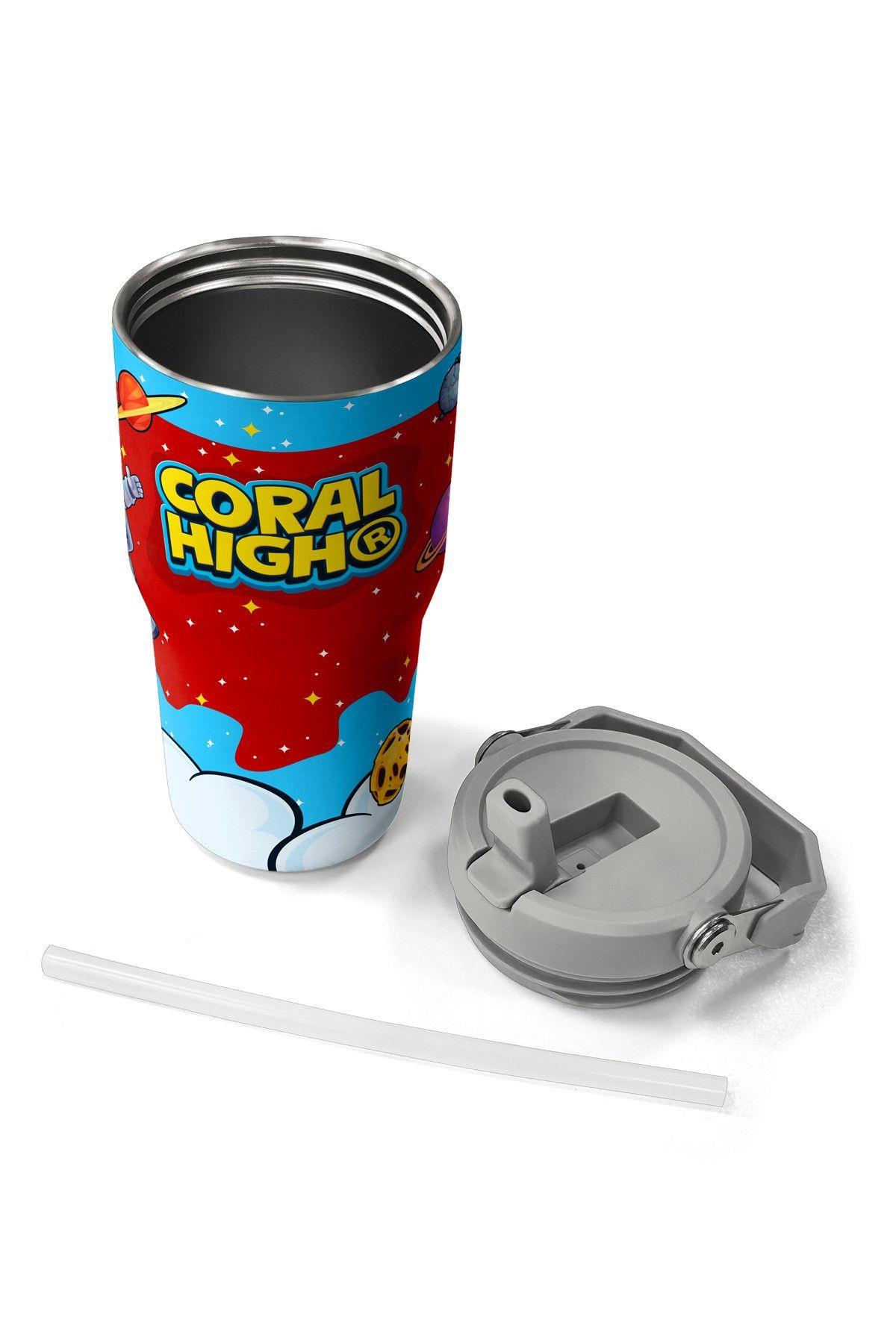 Coral High 600 ml Pipetli ve Kulplu Kırmızı Mavi Astronot Baskılı Erkek Çocuk Matara 38904