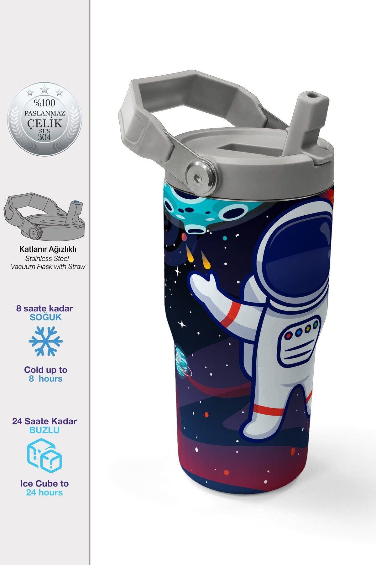 Coral High 600 ml Pipetli ve Kulplu Lacivert Mavi Astronot Desenli Erkek Çocuk Matara 38919