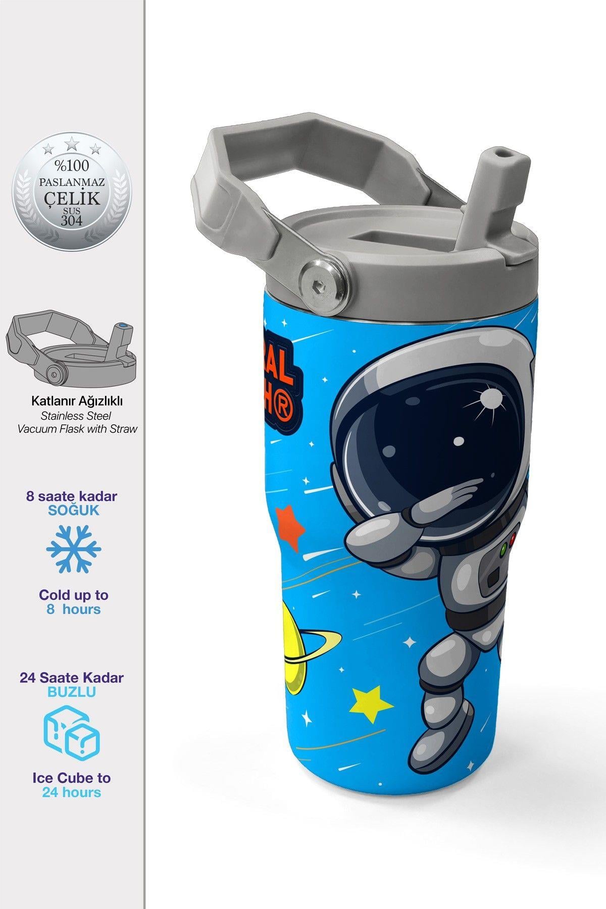 Coral High 600 ml Pipetli ve Kulplu Lacivert Mavi Astronot Desenli Erkek Çocuk Matara 38923