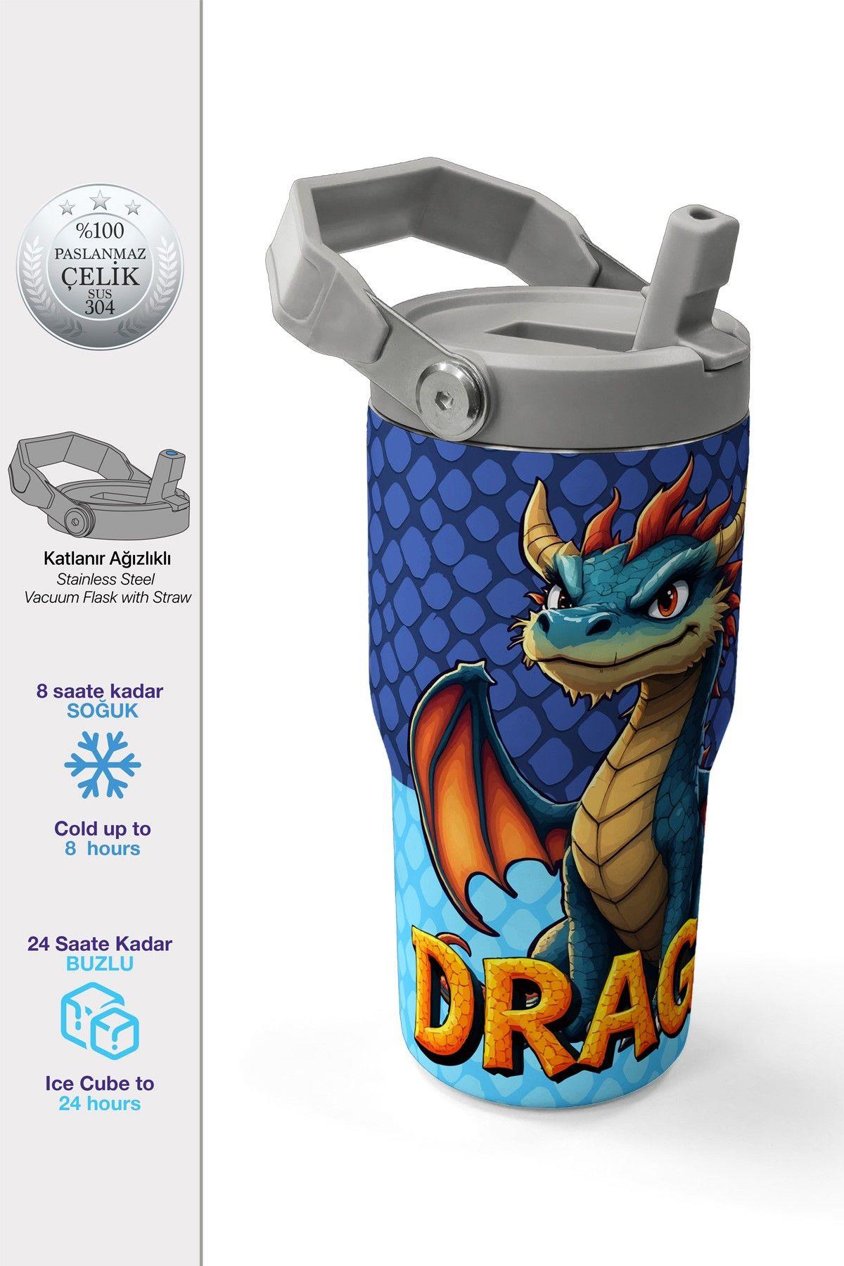 Coral High 600 ml Pipetli ve Kulplu Mavi Sarı Dragon Desenli Erkek Çocuk Matara 38903