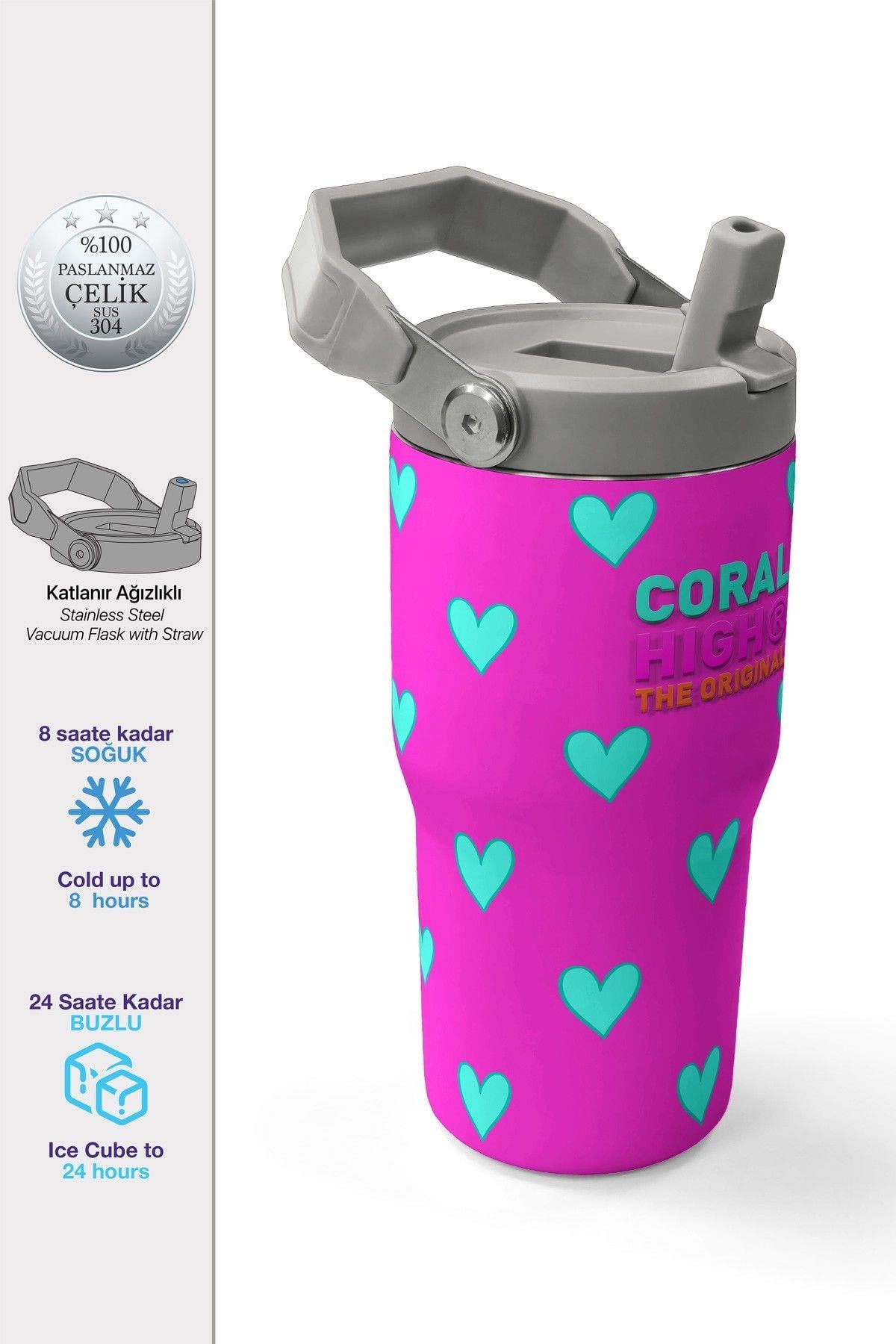 Coral High 600 ml Pipetli ve Kulplu Pembe Su Yeşili Kalp Baskılı Kız Çocuk Matara 38908