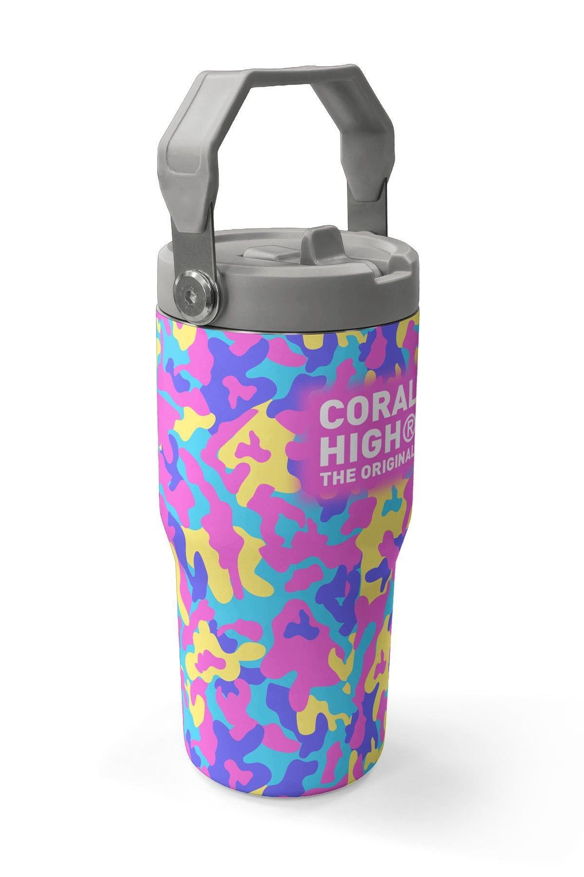 Coral High 600 ml Pipetli ve Kulplu Pembe Sarı Kamuflaj Kız Çocuk Matara 38901