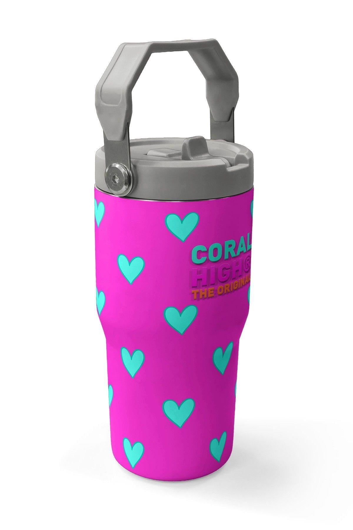 Coral High 600 ml Pipetli ve Kulplu Pembe Su Yeşili Kalp Baskılı Kız Çocuk Matara 38908