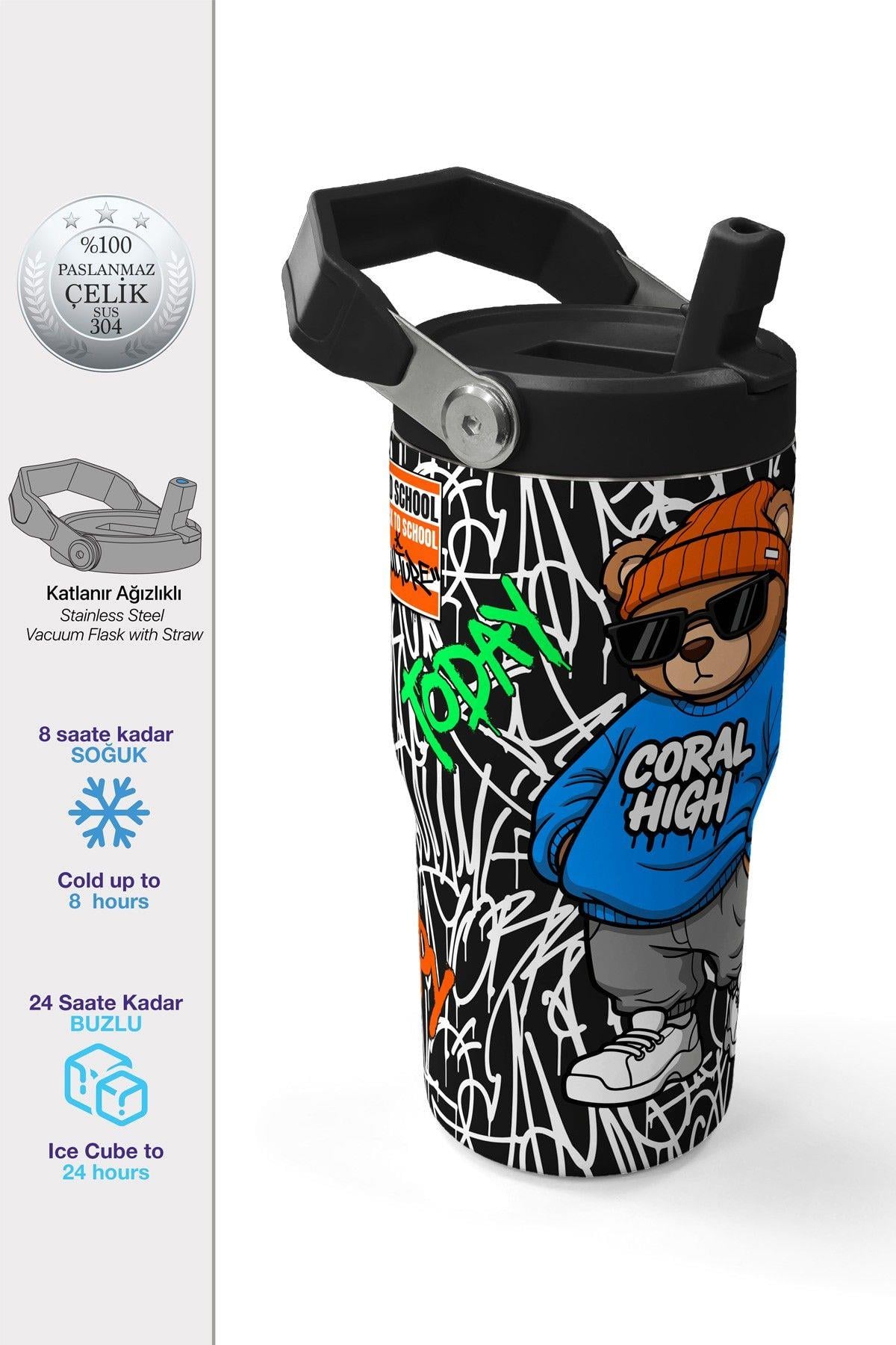 Coral High 600 ml Pipetli ve Kulplu Siyah Mavi Grafiti Ayıcık Baskılı Erkek Çocuk Matara 38906