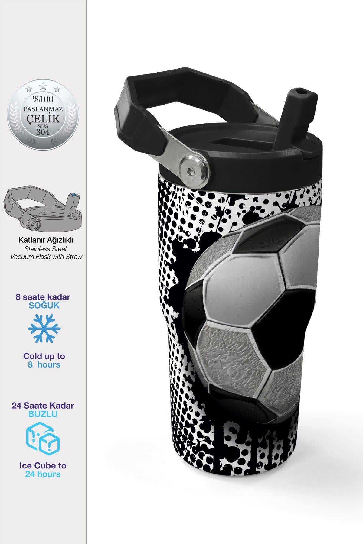 Coral High 600 ml Pipetli ve Kulplu Siyah Beyaz Futbol Desenli Erkek Çocuk Matara 38922