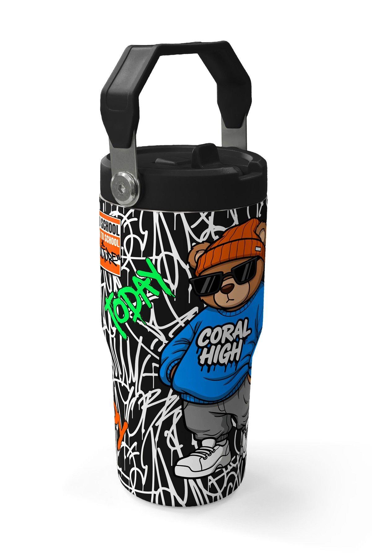 Coral High 600 ml Pipetli ve Kulplu Siyah Mavi Grafiti Ayıcık Baskılı Erkek Çocuk Matara 38906