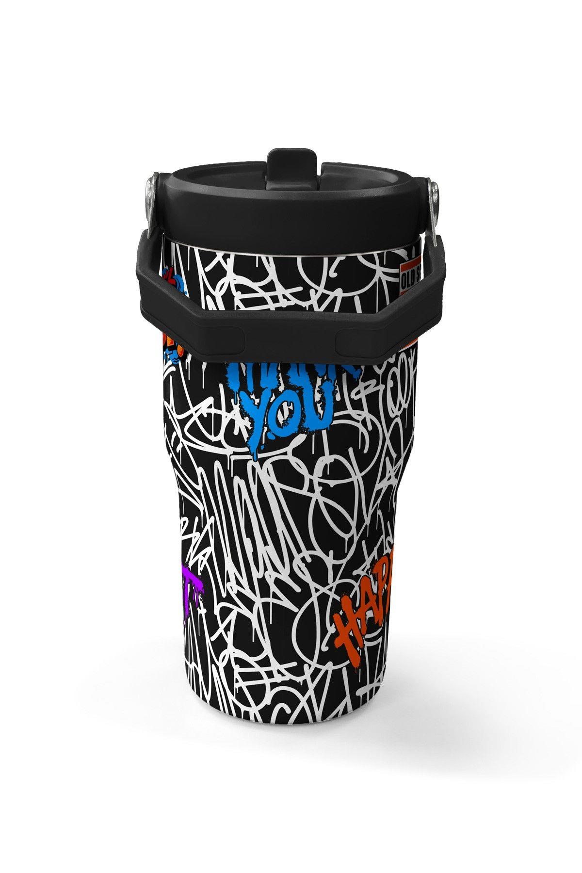 Coral High 600 ml Pipetli ve Kulplu Siyah Mavi Grafiti Ayıcık Baskılı Erkek Çocuk Matara 38906