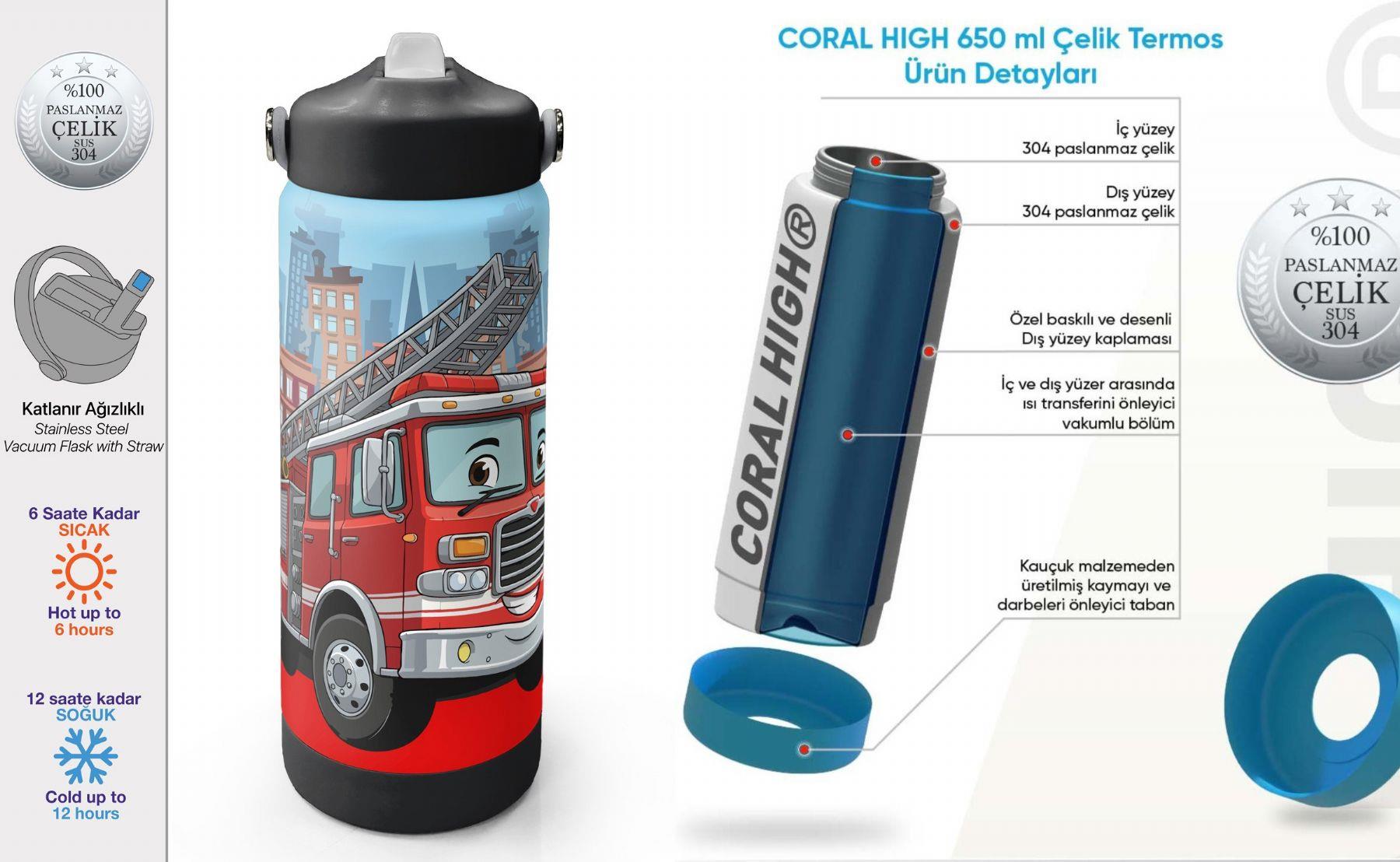 Coral High 650 ml Erkek Çocuk Kırmızı İtfaiye Aracı Baskılı Çelik Suluk/Matara (Pipetli) 38345