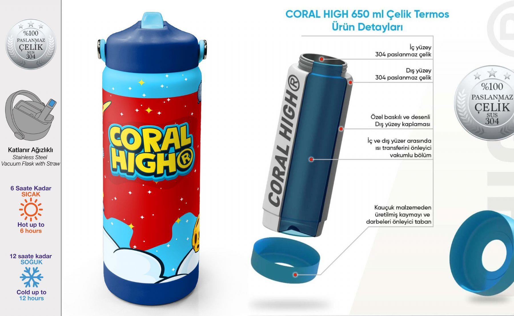 Coral High 650 ml Erkek Çocuk Kırmızı Mavi Astronot Baskılı Çelik Suluk/Matara (Pipetli) 38327