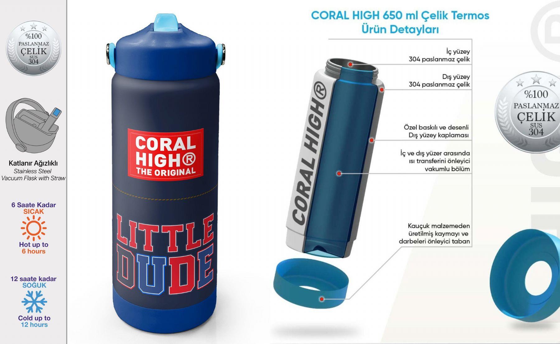 Coral High 650 ml Erkek Çocuk Lacivert Kırmızı Little Dude Baskılı Çelik Suluk/Matara (Pipetli) 38319