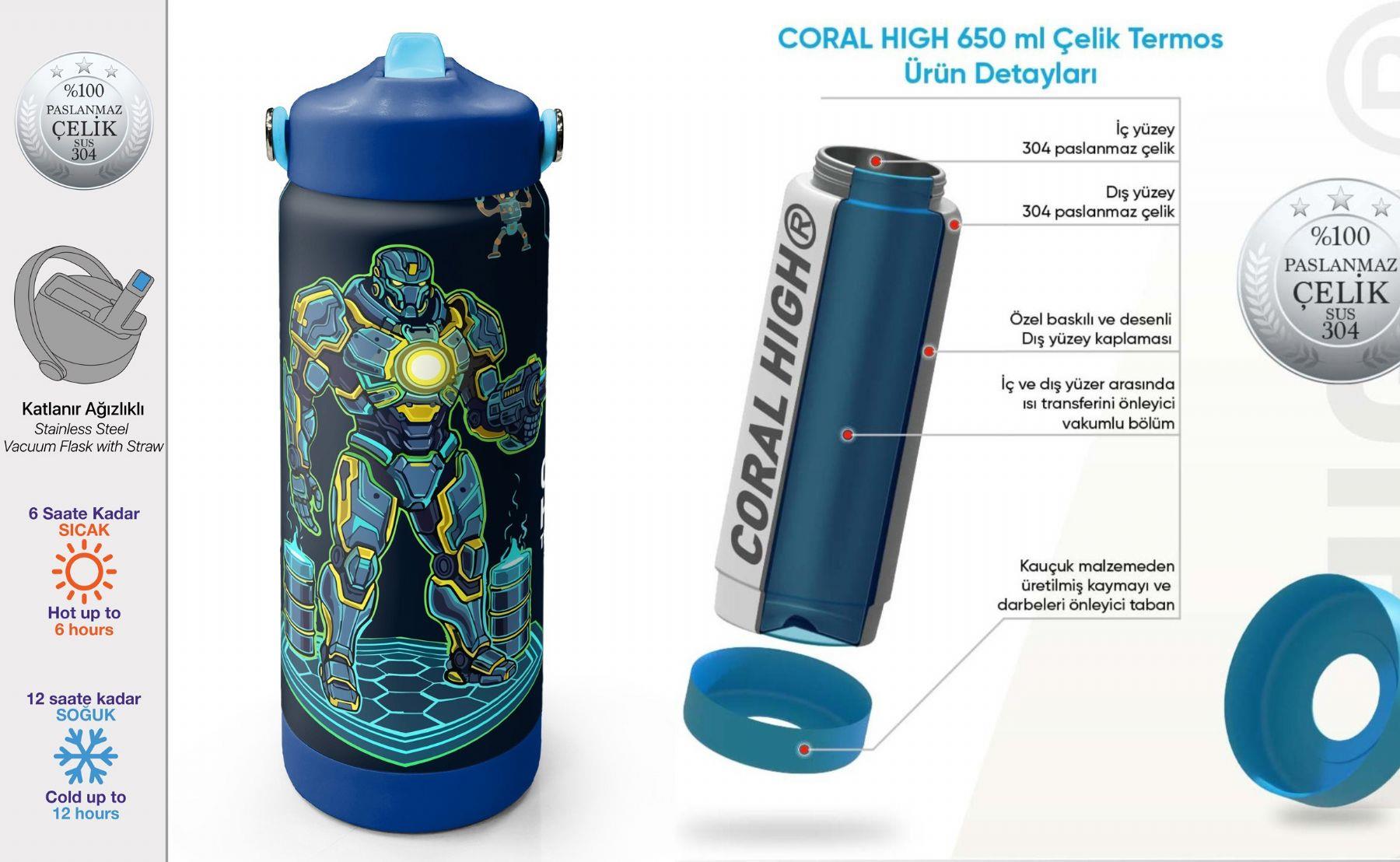 Coral High 650 ml Erkek Çocuk Lacivert Robot Baskılı Çelik Suluk/Matara (Pipetli) 38328