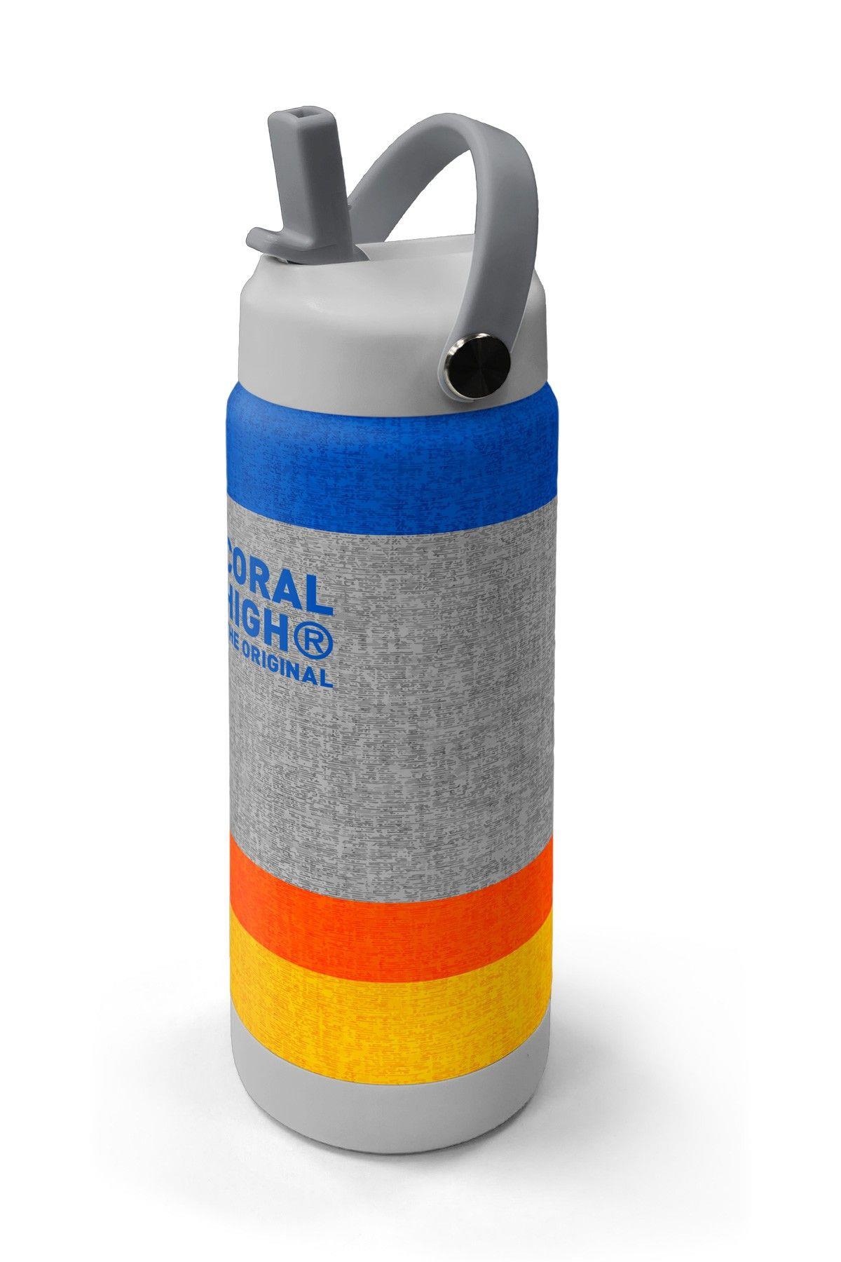 Coral High 650 ml Erkek Çocuk Mavi Gri Turuncu Çizgi Desenli Çelik Suluk/Matara (Pipetli) 38321