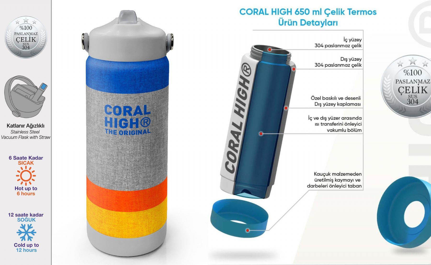 Coral High 650 ml Erkek Çocuk Mavi Gri Turuncu Çizgi Desenli Çelik Suluk/Matara (Pipetli) 38321