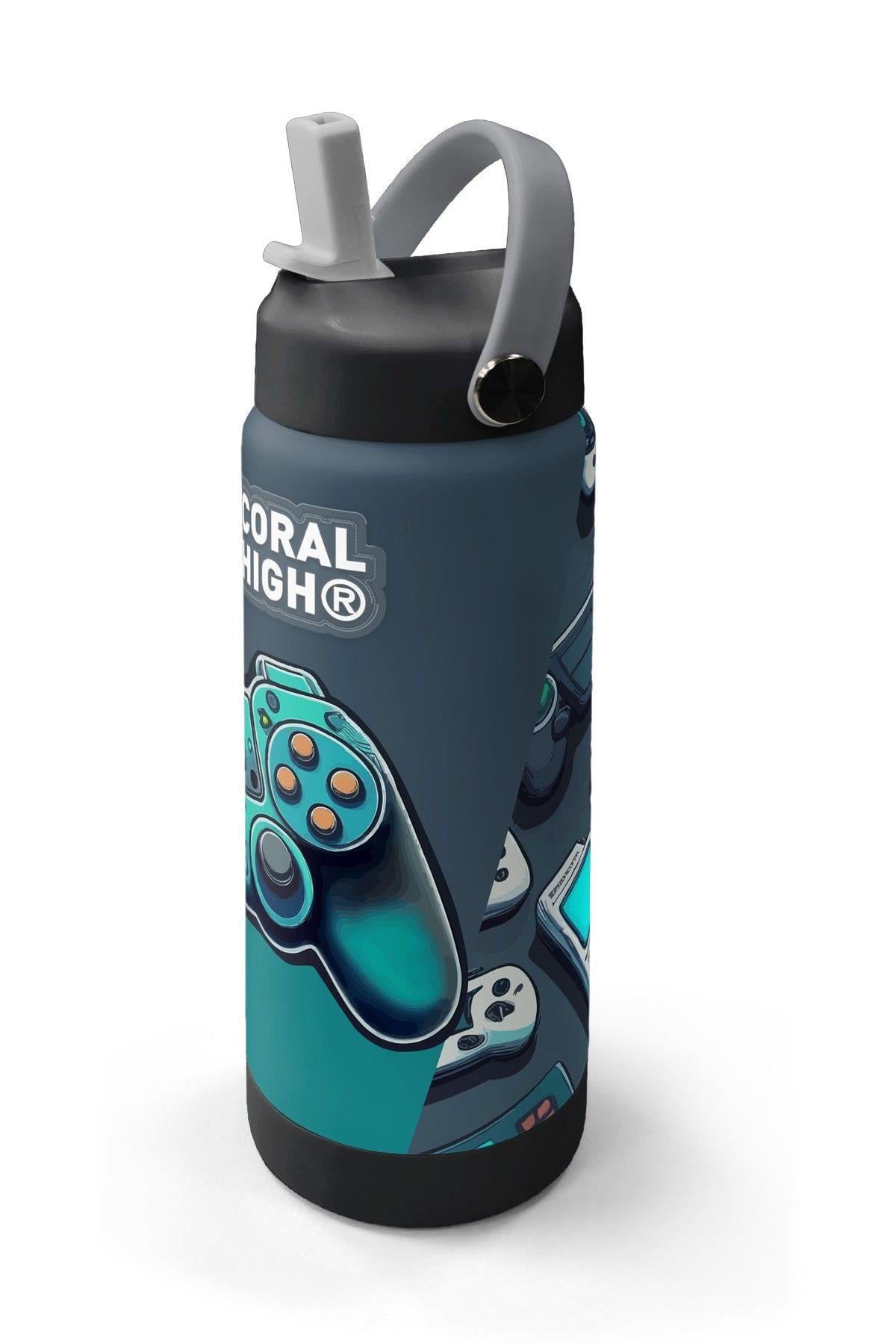 Coral High 650 ml Erkek Çocuk Nefti Yeşil Oyun Konsolu Desenli Çelik Suluk/Matara (Pipetli) 38388