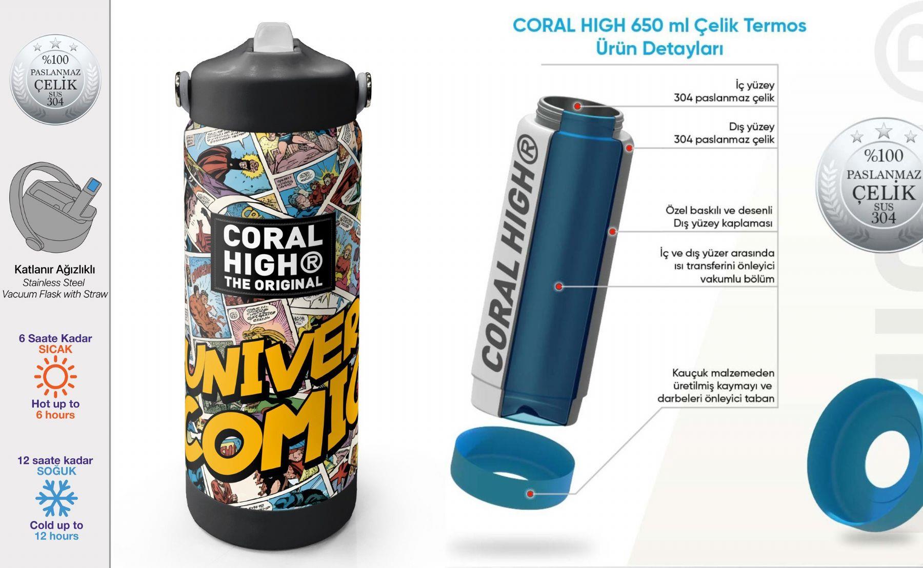 Coral High 650 ml Erkek Çocuk Sarı Çizgi Roman Desenli Çelik Suluk/Matara (Pipetli) 38315