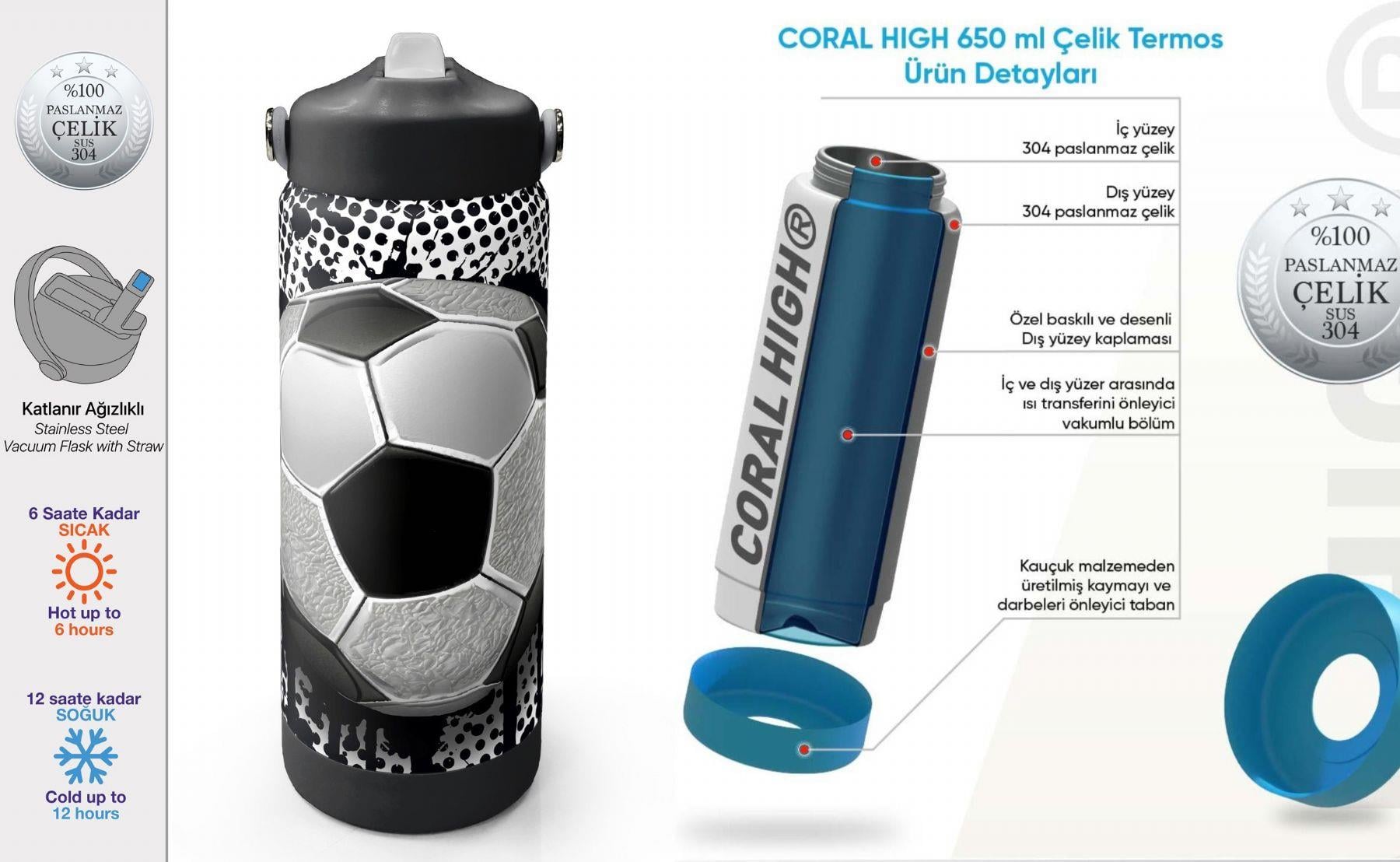 Coral High 650 ml Erkek Çocuk Siyah Beyaz Futbol Desenli Çelik Suluk/Matara (Pipetli) 38390