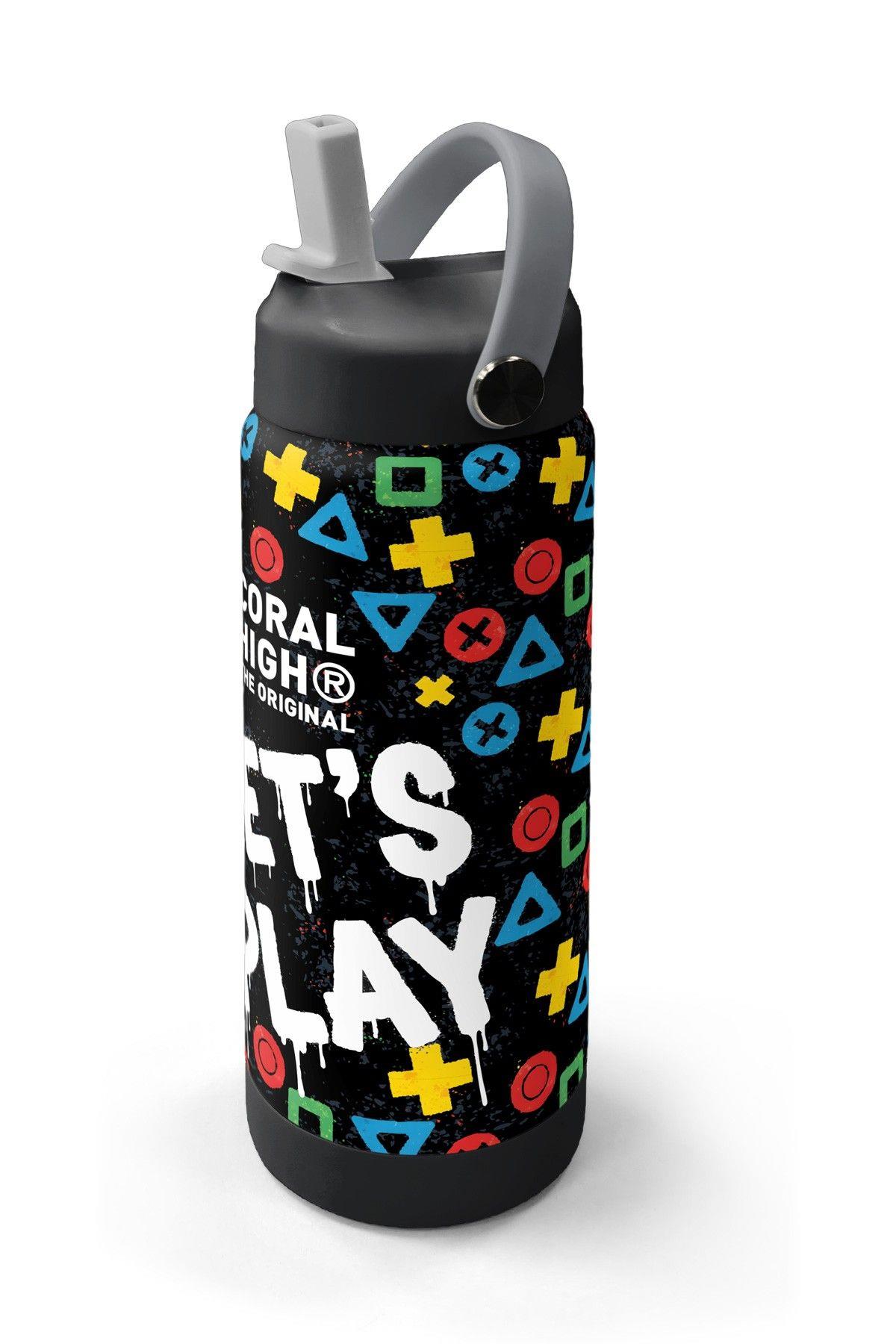 Coral High 650 ml Erkek Çocuk Siyah Çok Renkli Lets Play Baskılı Çelik Suluk/Matara (Pipetli) 38314