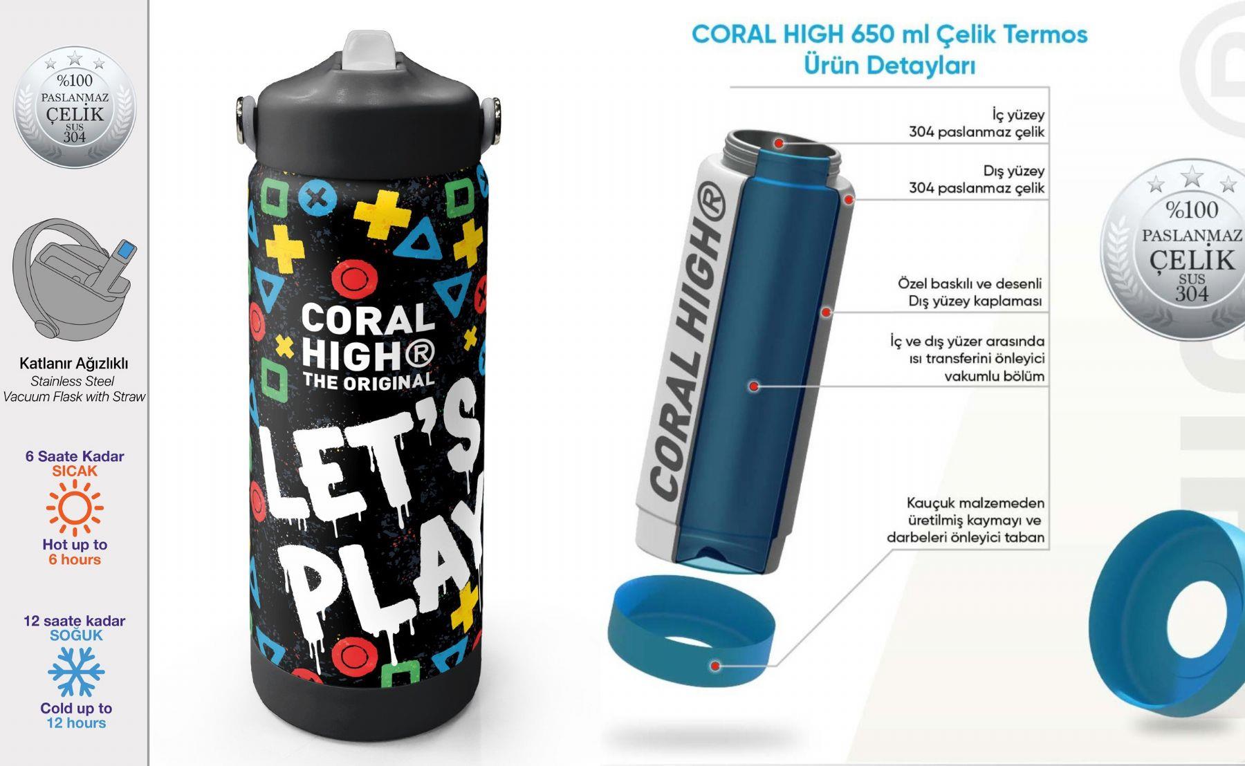 Coral High 650 ml Erkek Çocuk Siyah Çok Renkli Lets Play Baskılı Çelik Suluk/Matara (Pipetli) 38314