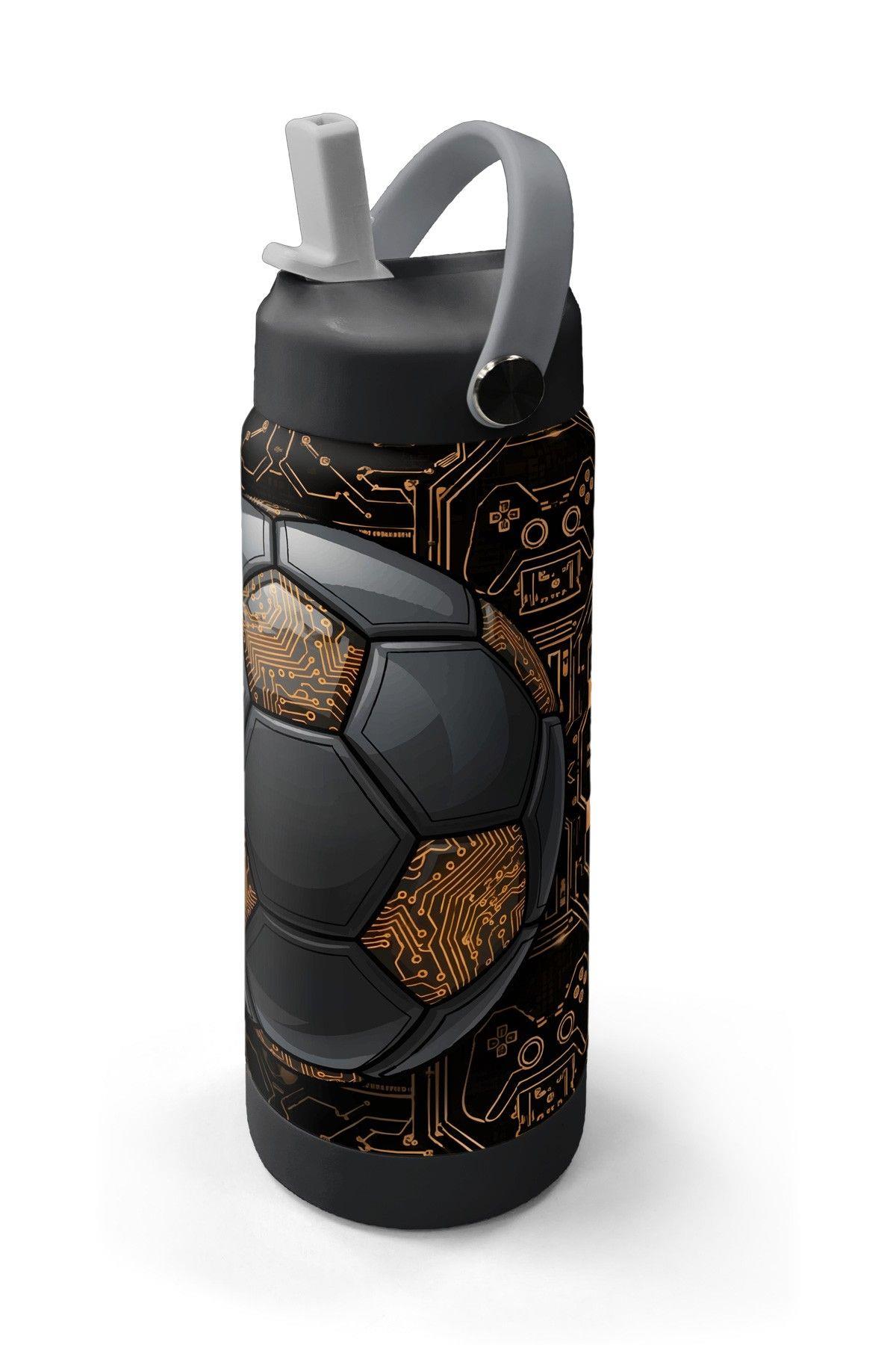 Coral High 650 ml Erkek Çocuk Siyah Kahverengi Futbol Topu Baskılı Çelik Suluk/Matara (Pipetli) 38317