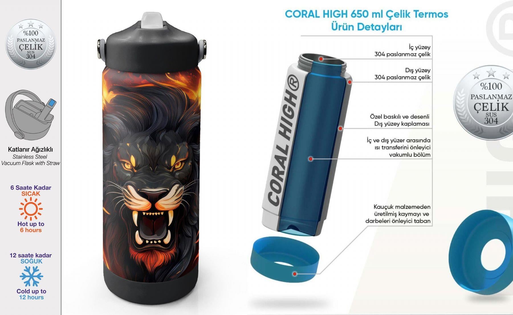 Coral High 650 ml Erkek Çocuk Siyah Kükreyen Aslan Baskılı Çelik Suluk/Matara (Pipetli) 38391