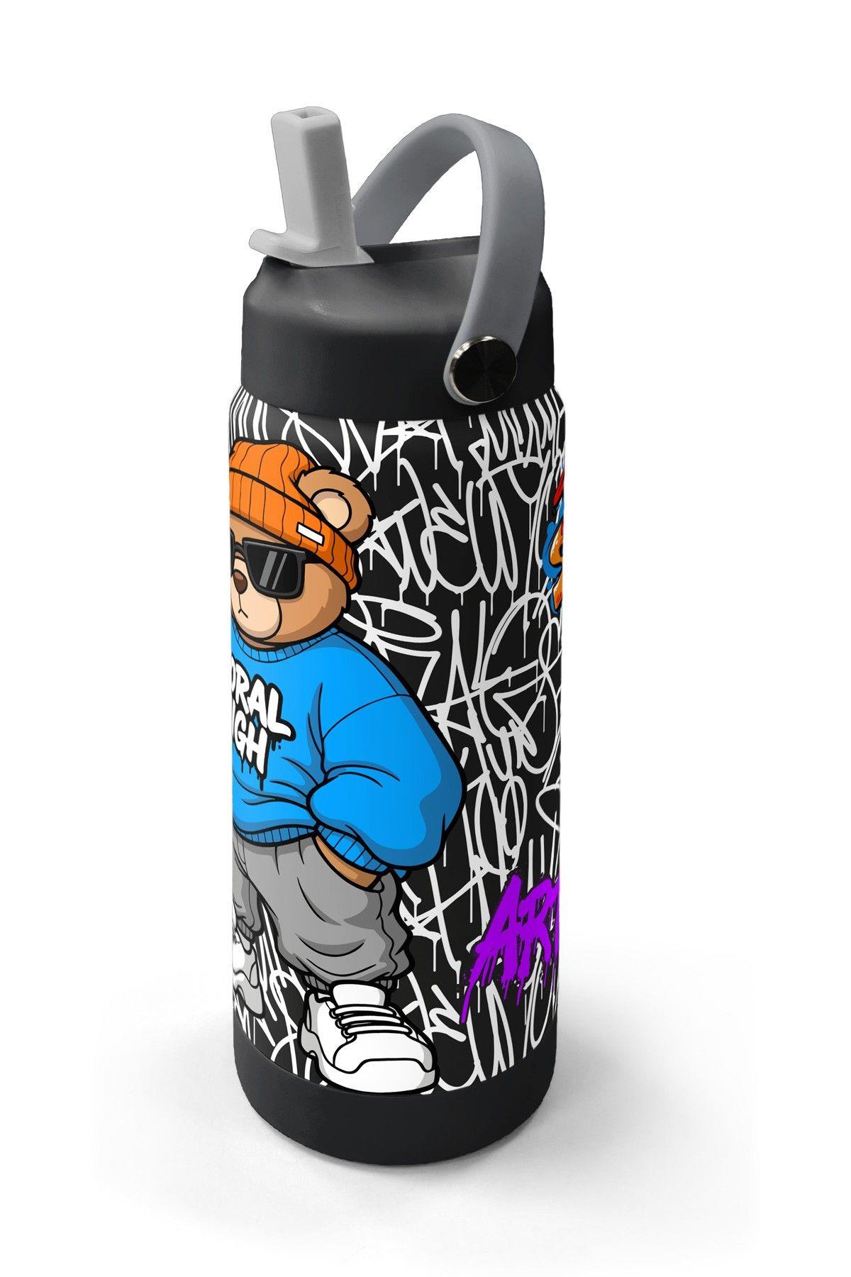 Coral High 650 ml Erkek Çocuk Siyah Mavi Grafiti Ayıcık Baskılı Çelik Suluk/Matara (Pipetli) 38332