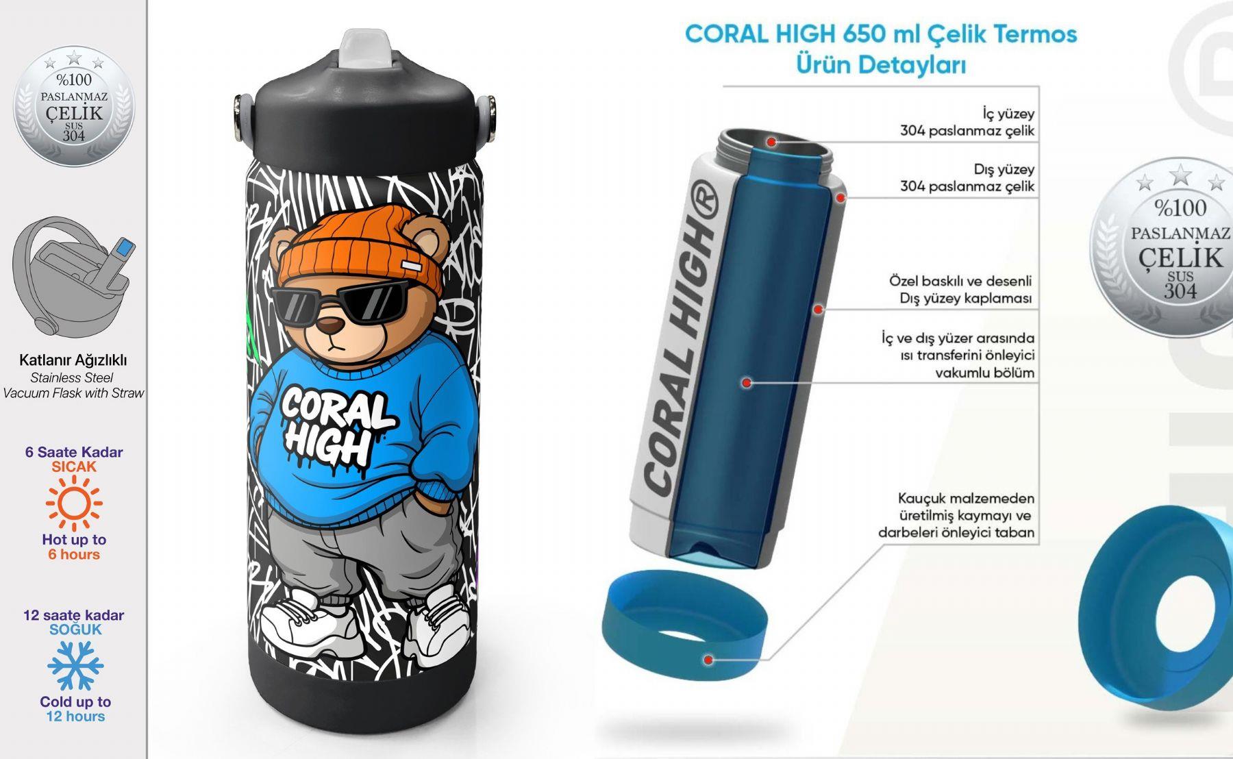 Coral High 650 ml Erkek Çocuk Siyah Mavi Grafiti Ayıcık Baskılı Çelik Suluk/Matara (Pipetli) 38332