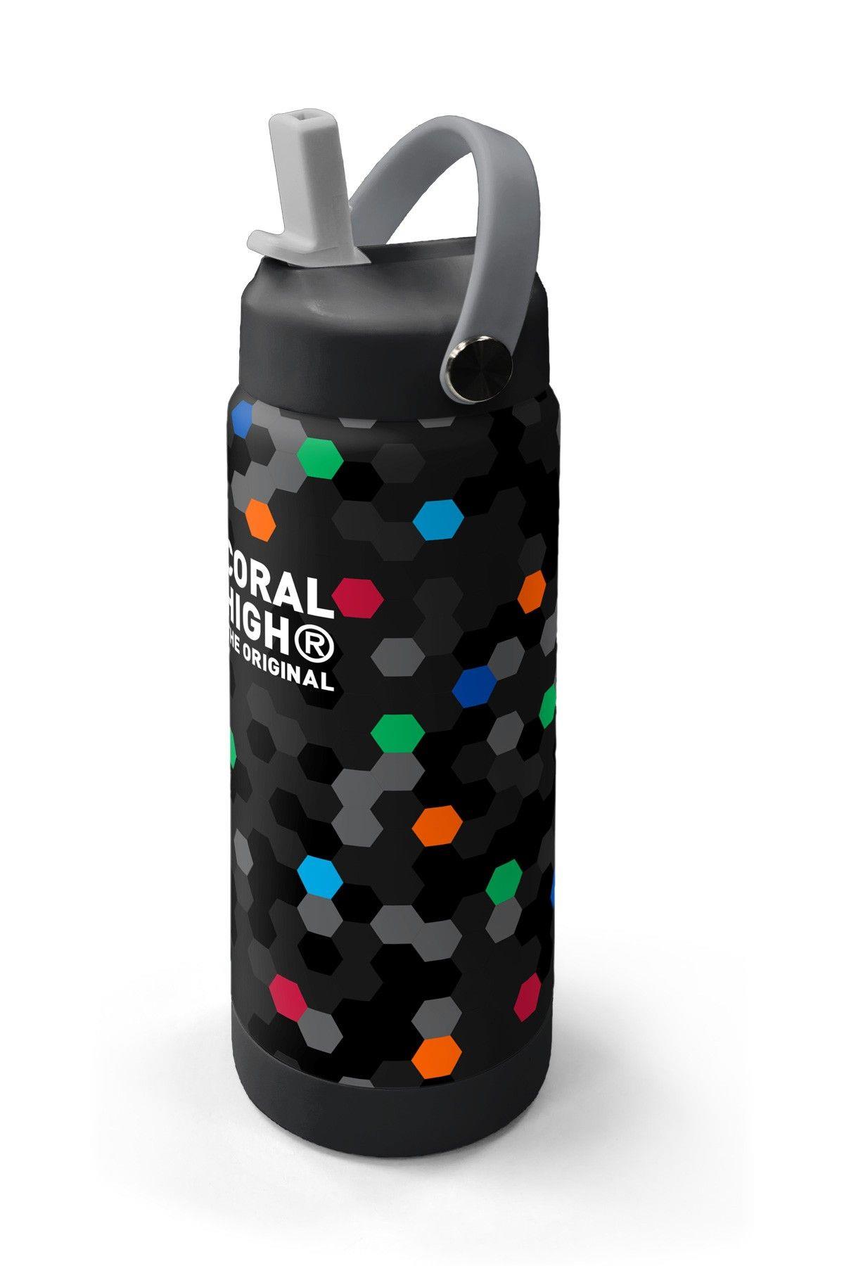 Coral High 650 ml Erkek Çocuk Siyah Petek Desenli Çelik Suluk/Matara (Pipetli) 38310