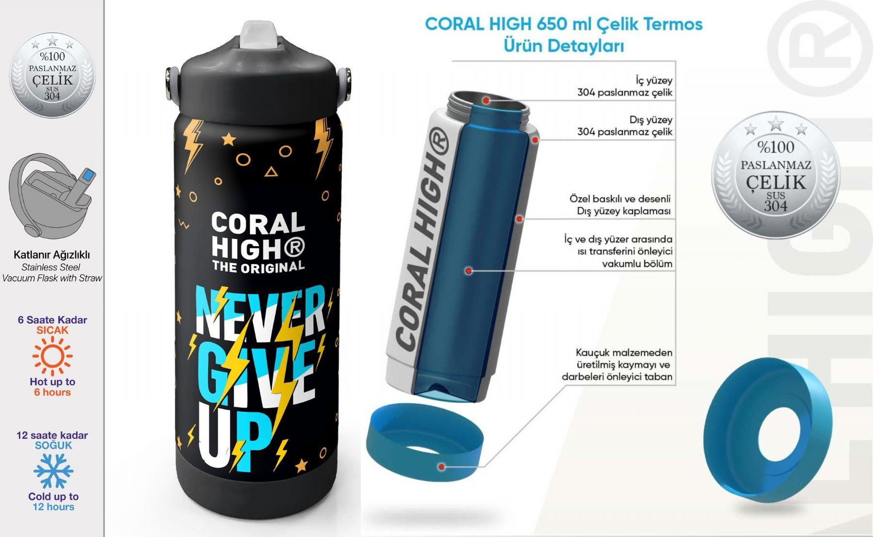 Coral High 650 ml Erkek Çocuk Siyah Sarı Never Give Up Baskılı Çelik Suluk/Matara (Pipetli) 38320