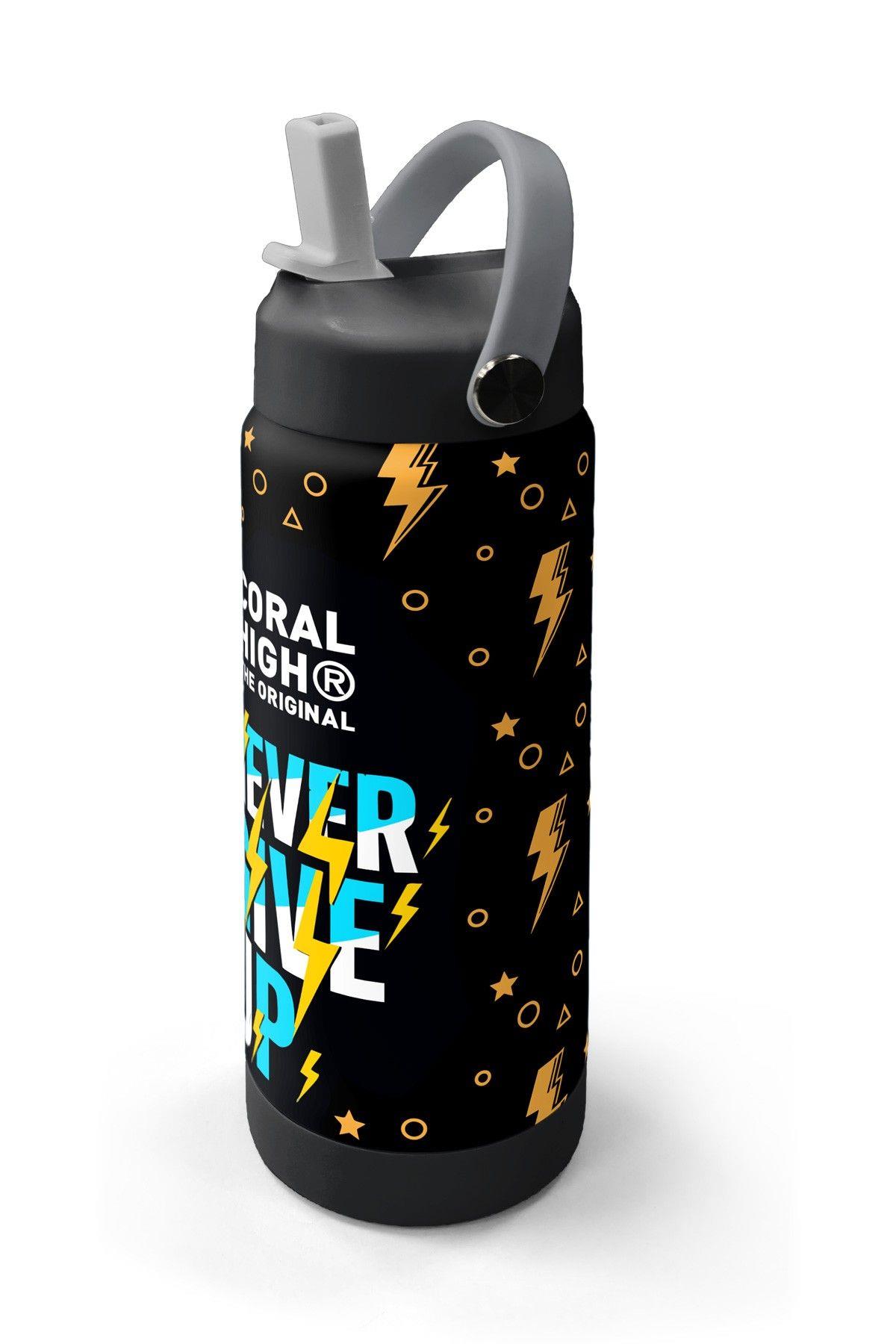 Coral High 650 ml Erkek Çocuk Siyah Sarı Never Give Up Baskılı Çelik Suluk/Matara (Pipetli) 38320
