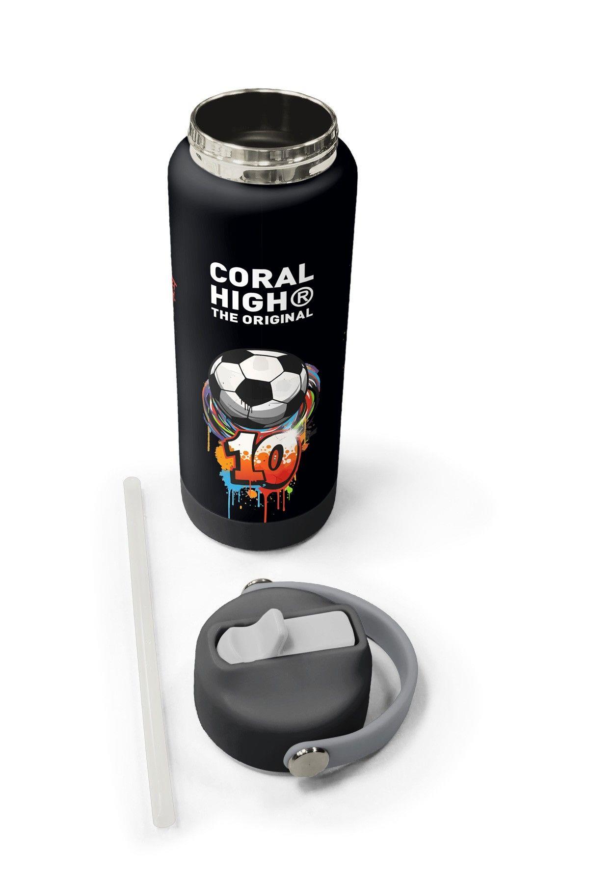 Coral High 650 ml Erkek Çocuk Siyah Yeşil Goal Baskılı Çelik Suluk/Matara (Pipetli) 38335