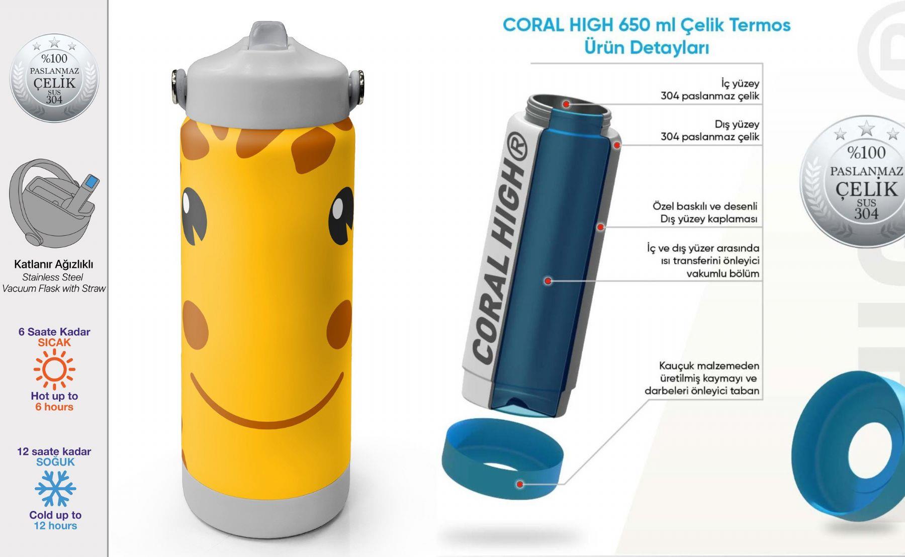 Coral High 650 ml Erkek Çocuk Turuncu Zürafa Desenli Çelik Suluk/Matara (Pipetli) 38344