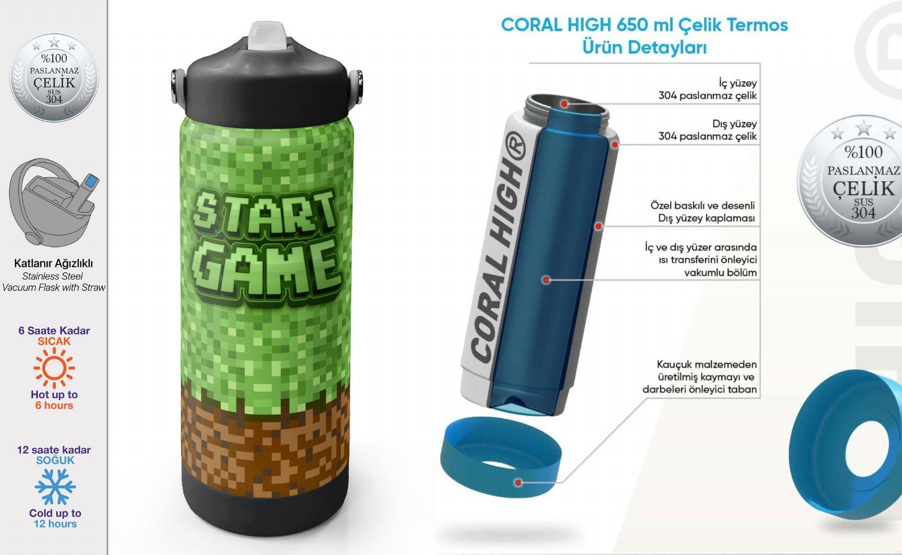 Coral High 650 ml Erkek Çocuk Yeşil Kahverengi Craft Desenli Çelik Suluk/Matara (Pipetli) 38393