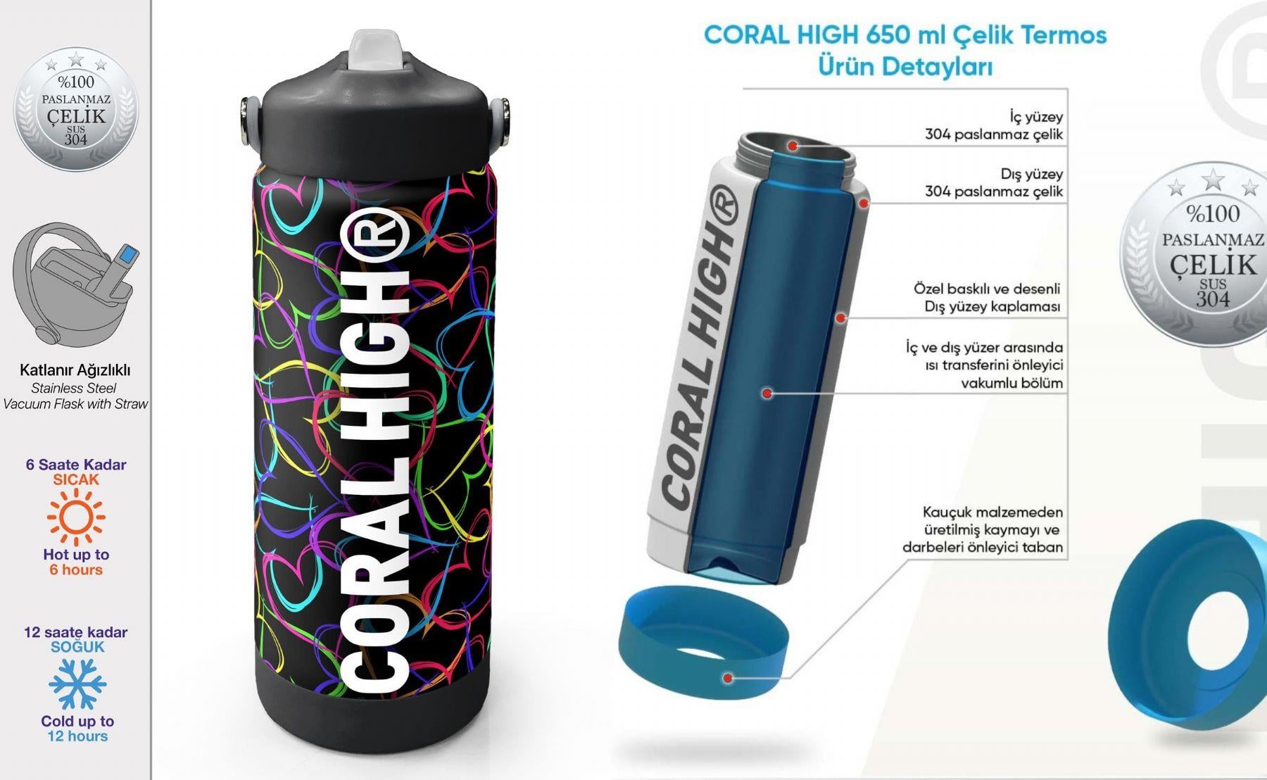 Coral High 650 ml Kız Çocuk Kalp Baskılı Siyah Pembe Çelik Suluk/Matara (Pipetli) 38382