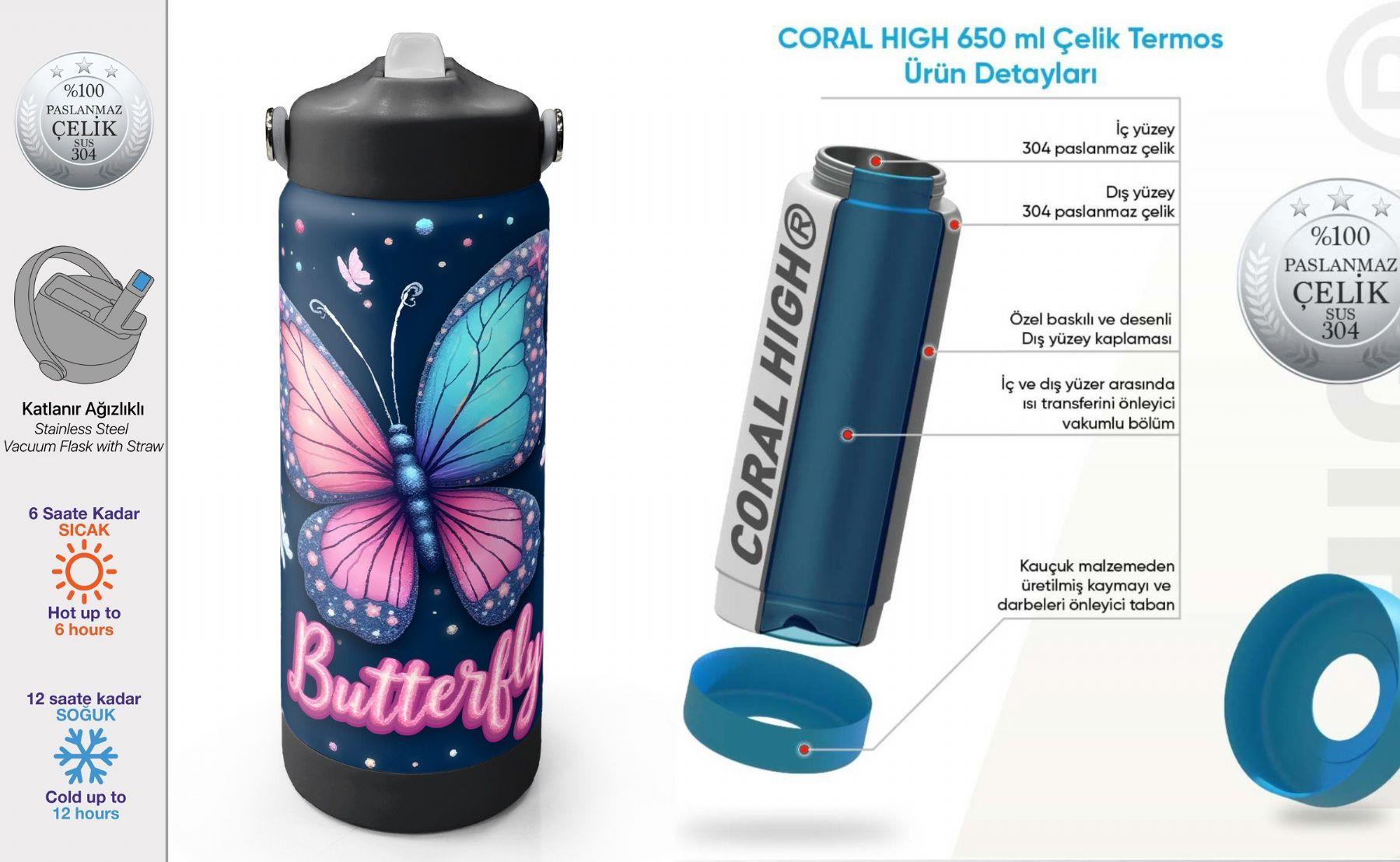 Coral High 650 ml Kız Çocuk Lacivert Pembe Kelebek Desenli Çelik Suluk/Matara (Pipetli) 38331