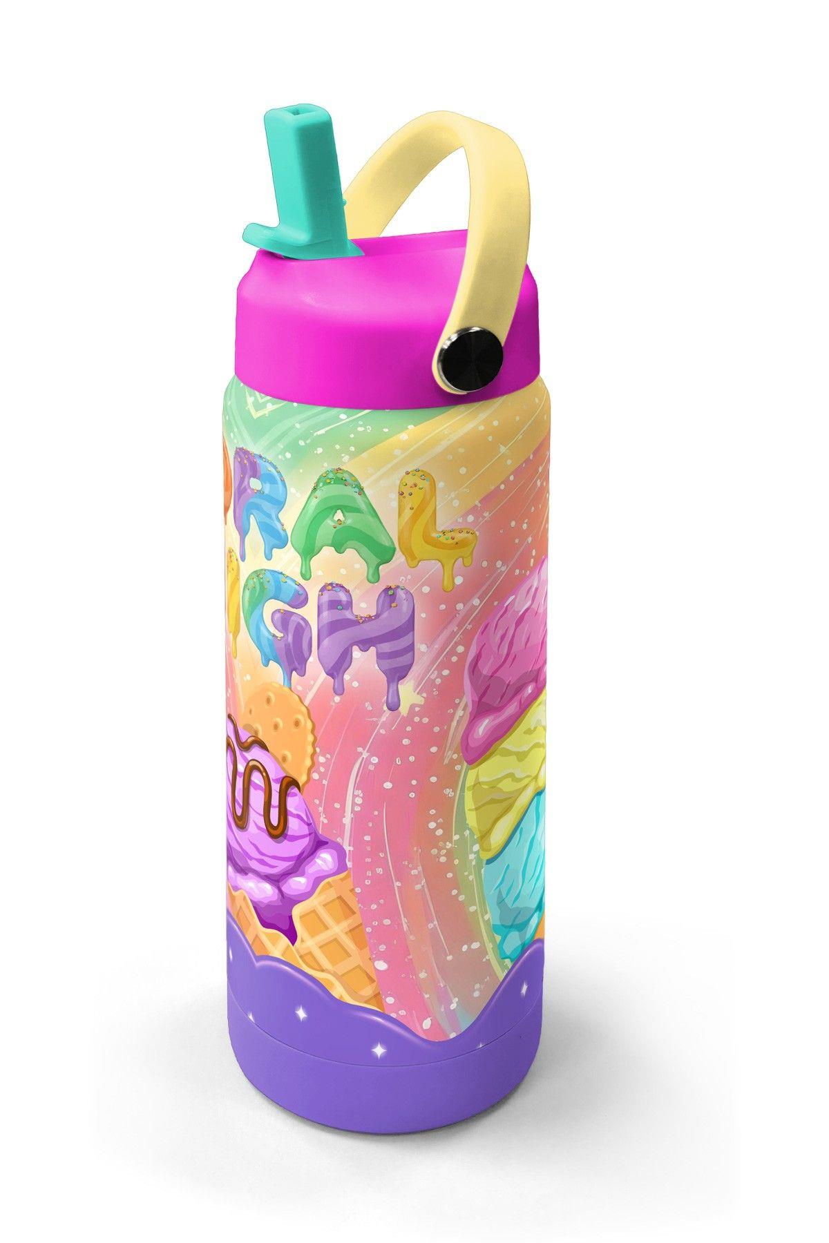 Coral High 650 ml Kız Çocuk Mor Sarı Dondurma Baskılı Çelik Suluk/Matara (Pipetli) 38336