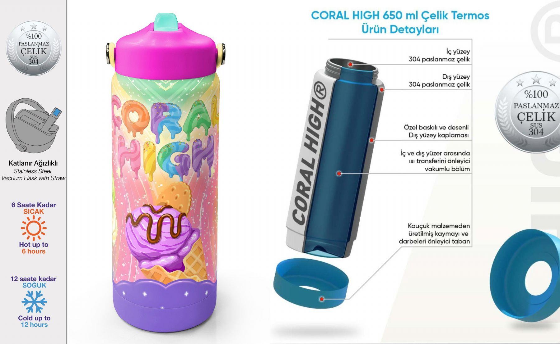 Coral High 650 ml Kız Çocuk Mor Sarı Dondurma Baskılı Çelik Suluk/Matara (Pipetli) 38336
