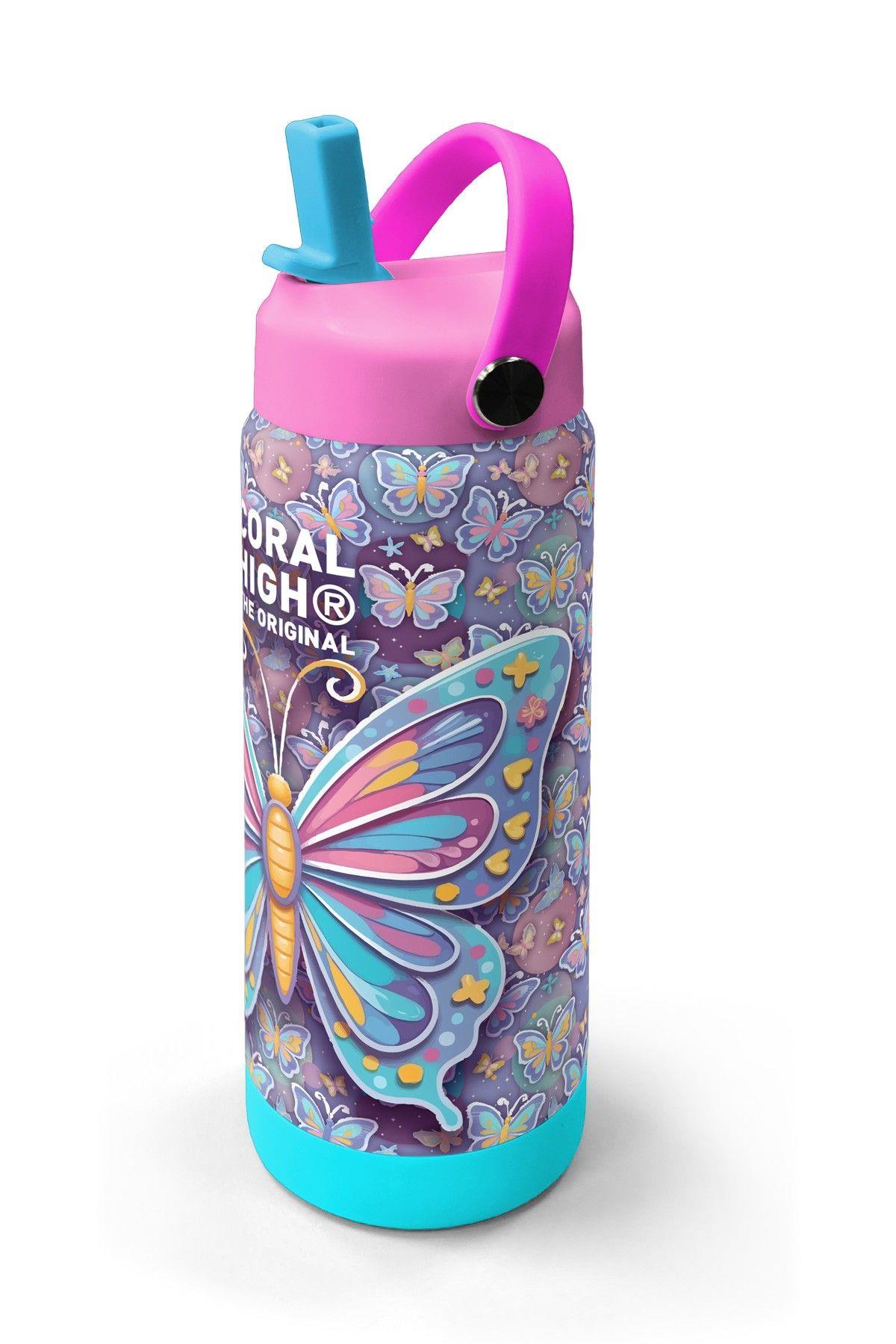 Coral High 650 ml Kız Çocuk Pastel Renkli Kelebek Desenli Çelik Suluk/Matara (Pipetli) 38306