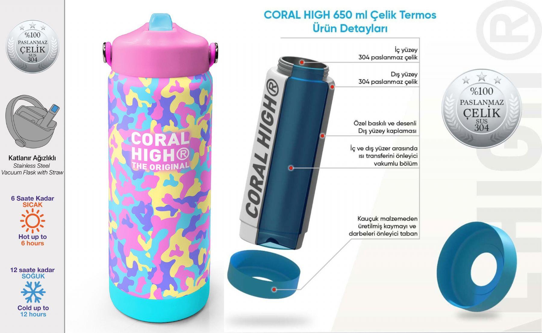 Coral High 650 ml Kız Çocuk Pembe Sarı Kamuflaj Çelik Suluk/Matara (Pipetli) 38301
