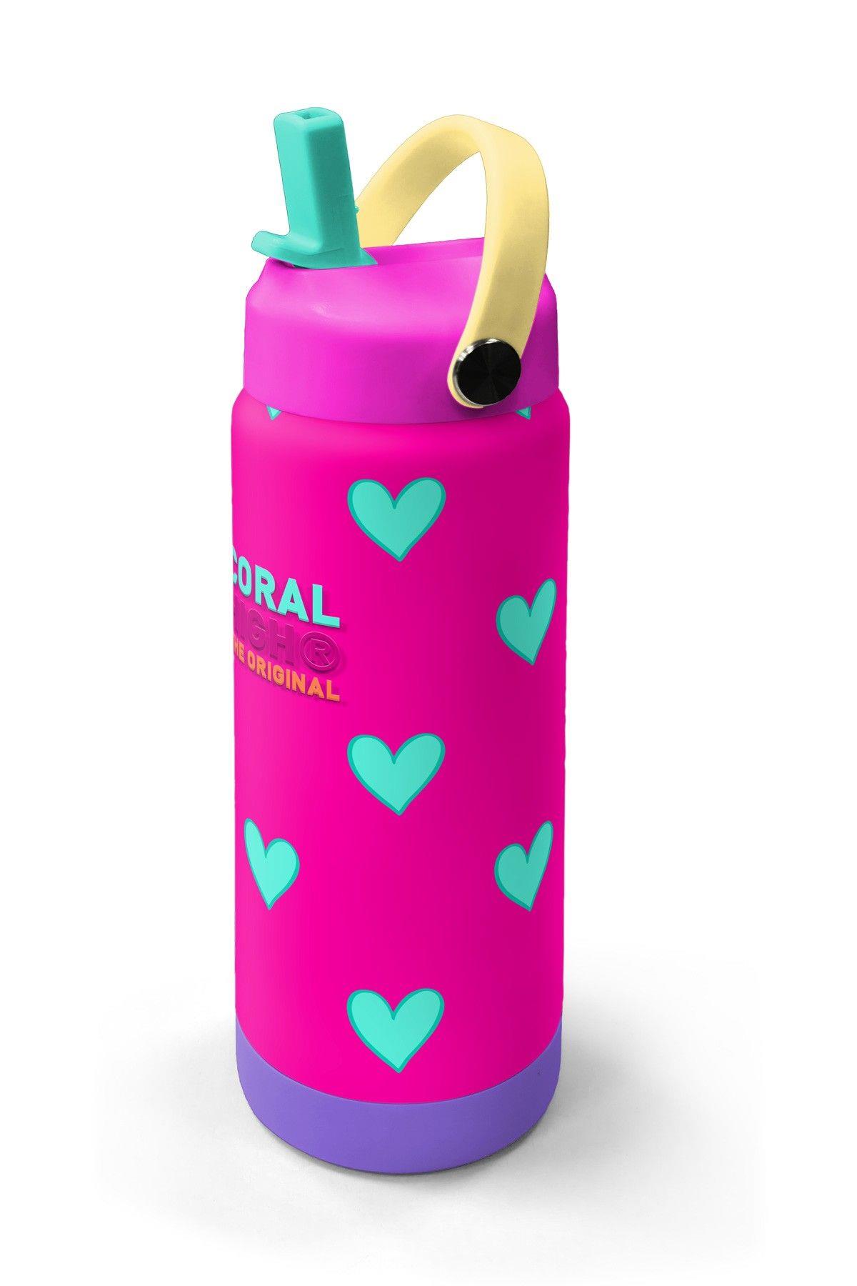 Coral High 650 ml Kız Çocuk Pembe Su Yeşili Kalp Baskılı Çelik Suluk/Matara (Pipetli) 38376